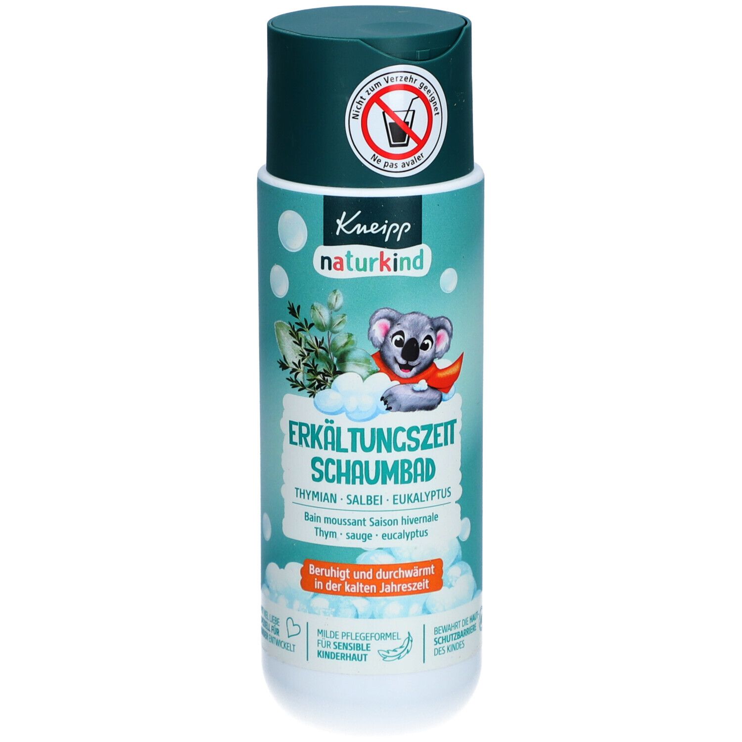 Bain moussant Kneipp Naturkind Erkältungszeit. Flacon avec bouchon vert. Illustration de koala. Contient thym, sauge, eucalyptus.