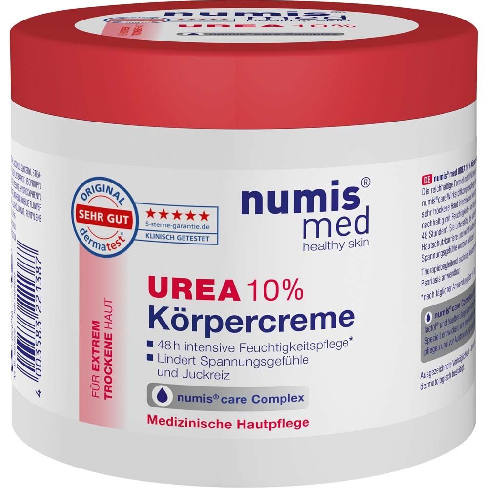 Pot blanc avec couvercle rouge. Inscription: UREA 10% Körpercreme, numis med. Label Dermatest.