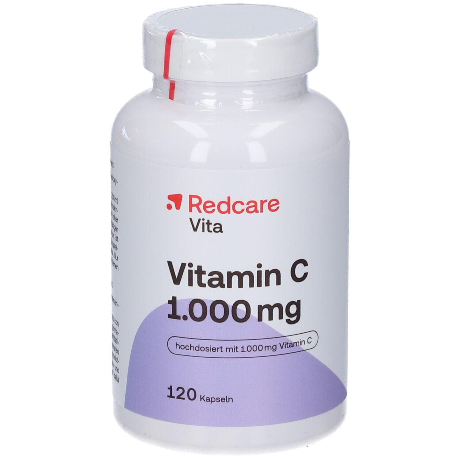 Witte fles met vitamine C capsules. Opschrift: Redcare Vita, Vitamine C 1.000 mg, 120 capsules.