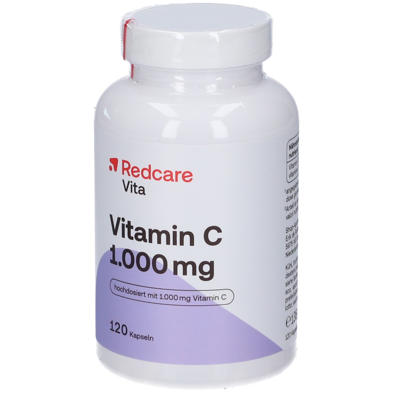 Witte fles met vitamine C capsules. Opschrift: Redcare Vita, Vitamine C 1.000 mg, 120 capsules.