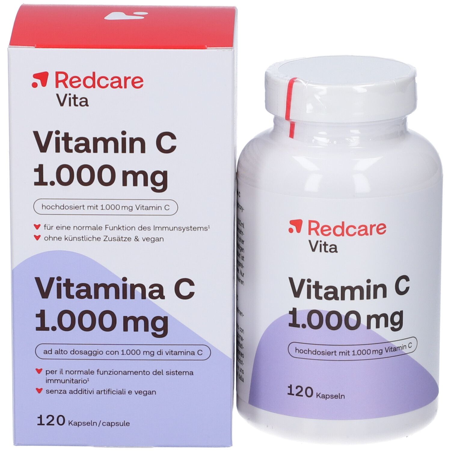 Vitamine C fles en doos. Opschrift: Redcare Vita, Vitamine C 1.000 mg, 120 capsules. Veganistisch.