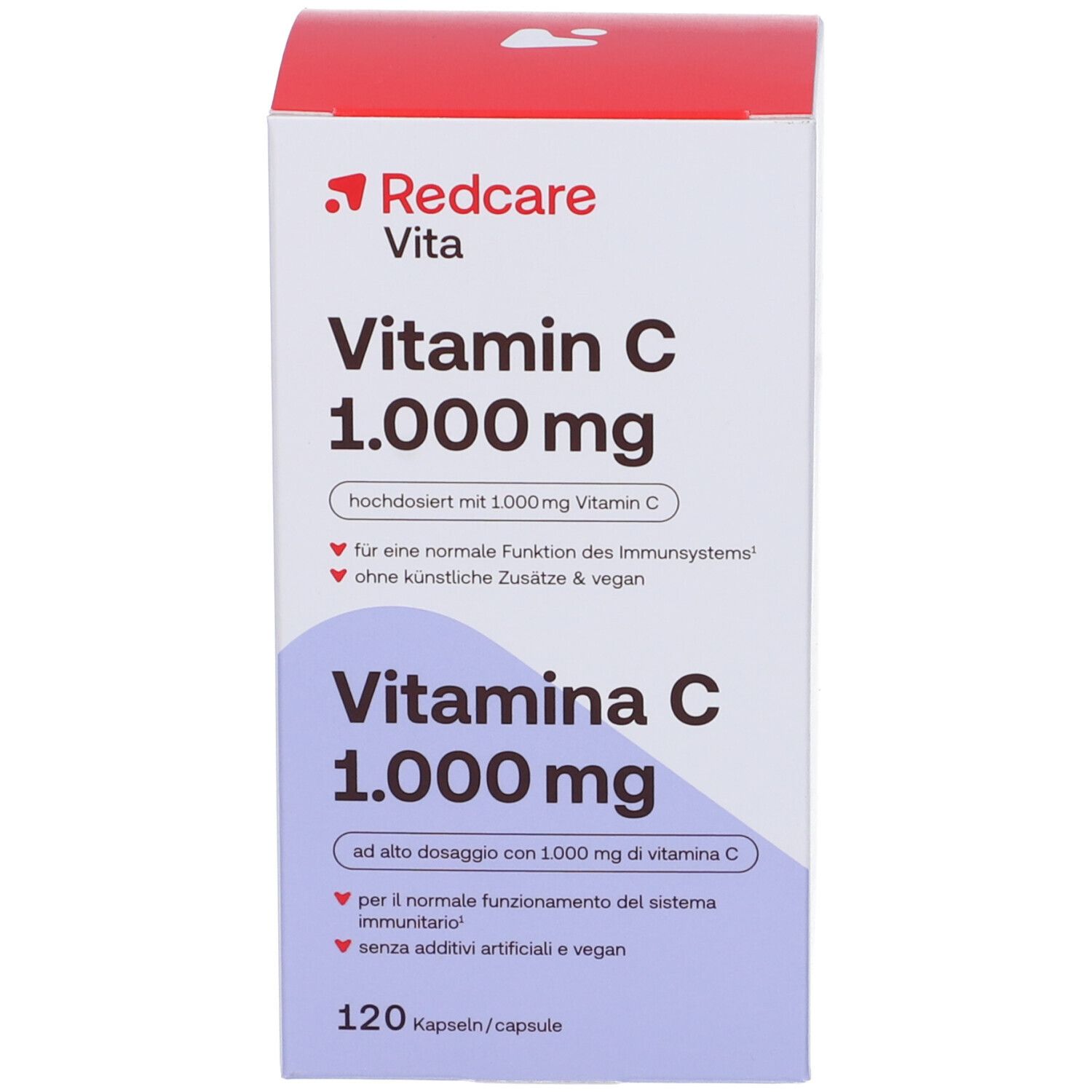 Vitamine C doos. Opschrift: Redcare Vita, Vitamine C 1.000 mg, 120 capsules. Veganistisch.