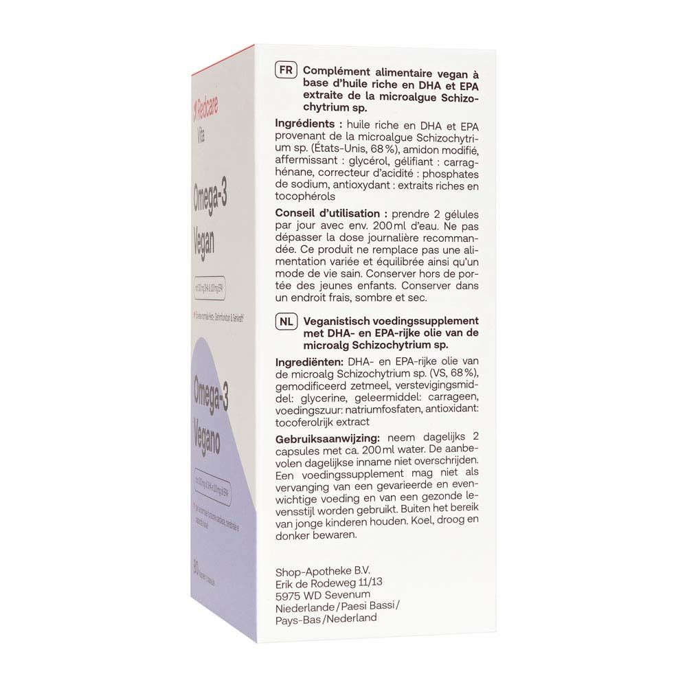 Achterkant Redcare Omega-3 Vegan verpakking met meertalige tekst.