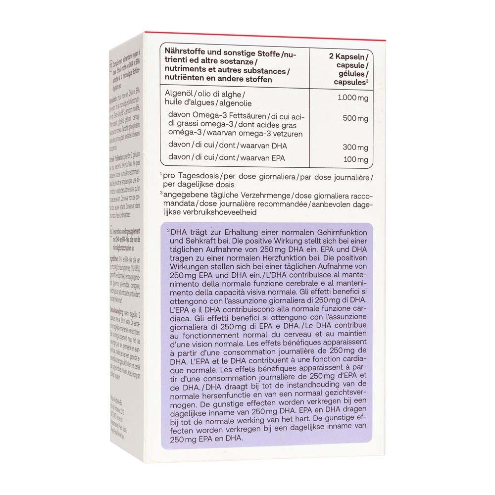 Achterkant Redcare Omega-3 Vegan verpakking met voedingswaarde informatie.