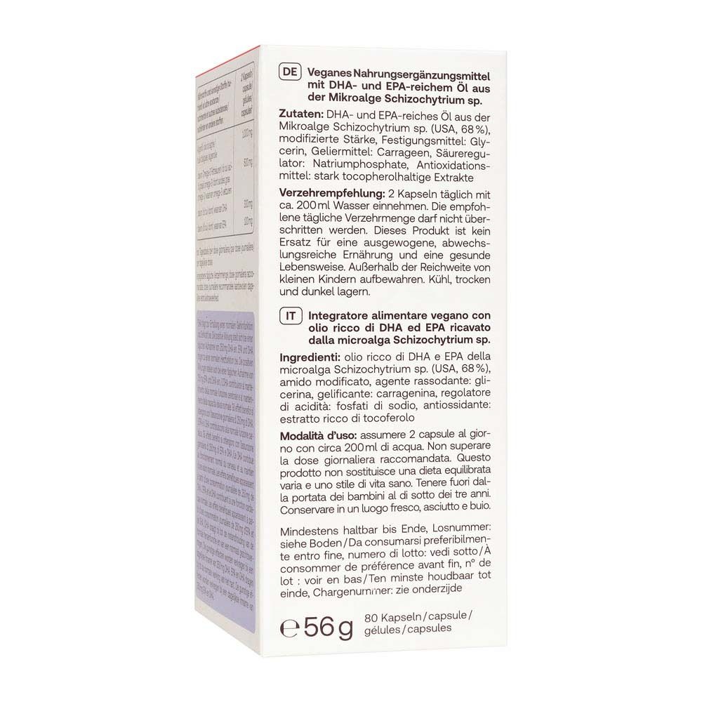 Achterkant Redcare Omega-3 Vegan verpakking met ingrediënten en gebruiksaanwijzing.