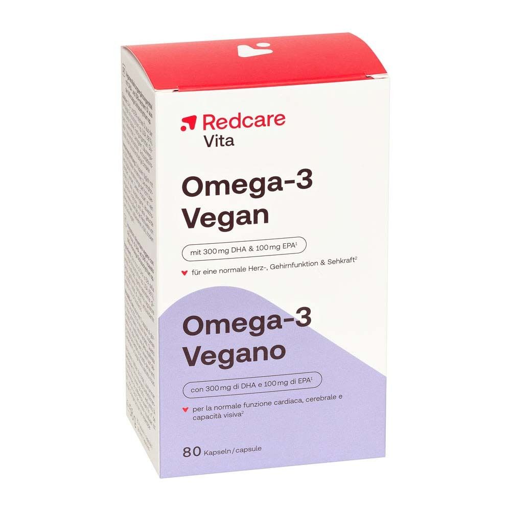 Redcare Omega-3 Vegan verpakking. Bevat 80 capsules.