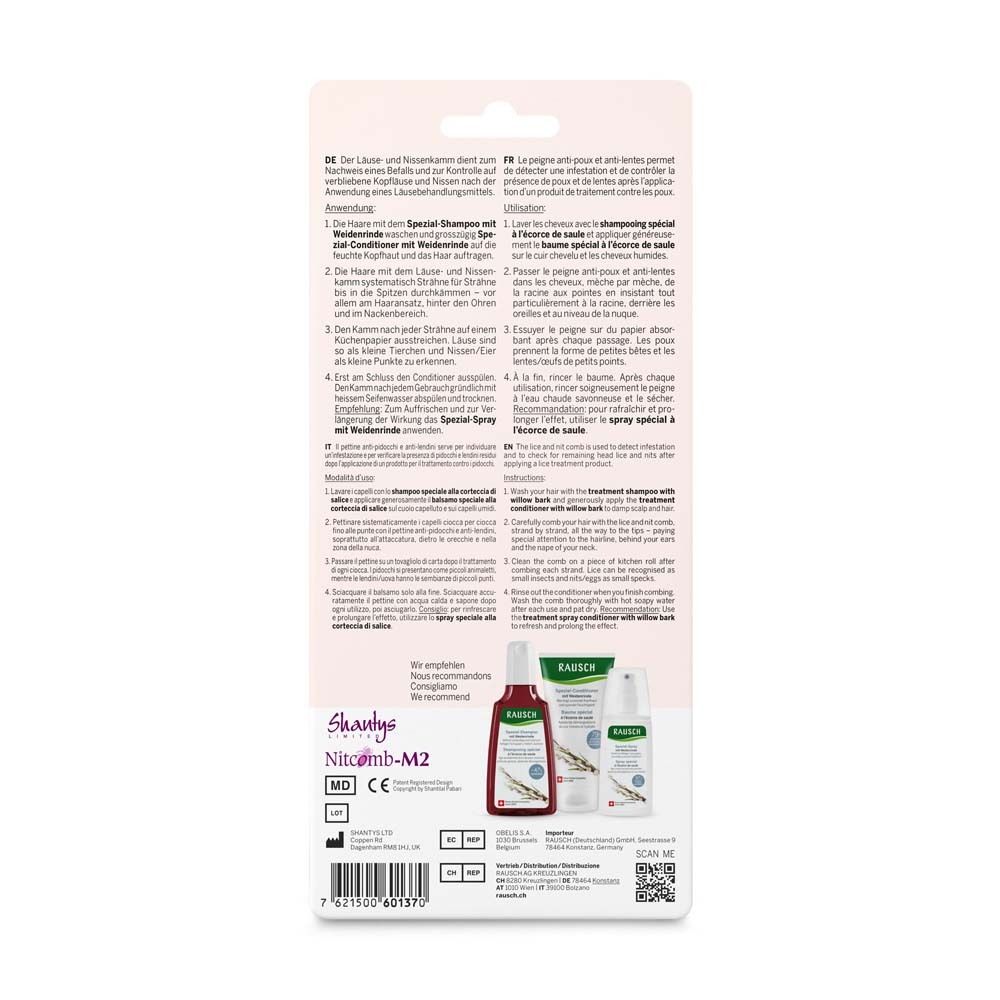 Emballage du set NitoComb-M2 avec shampooing, après-shampooing et spray. Comprend des instructions et des illustrations de produits.