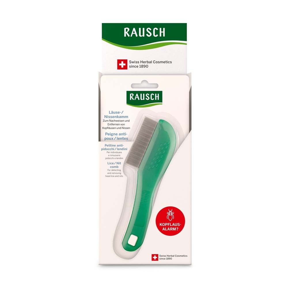 Peigne à poux vert avec dents métalliques, en emballage blister.
