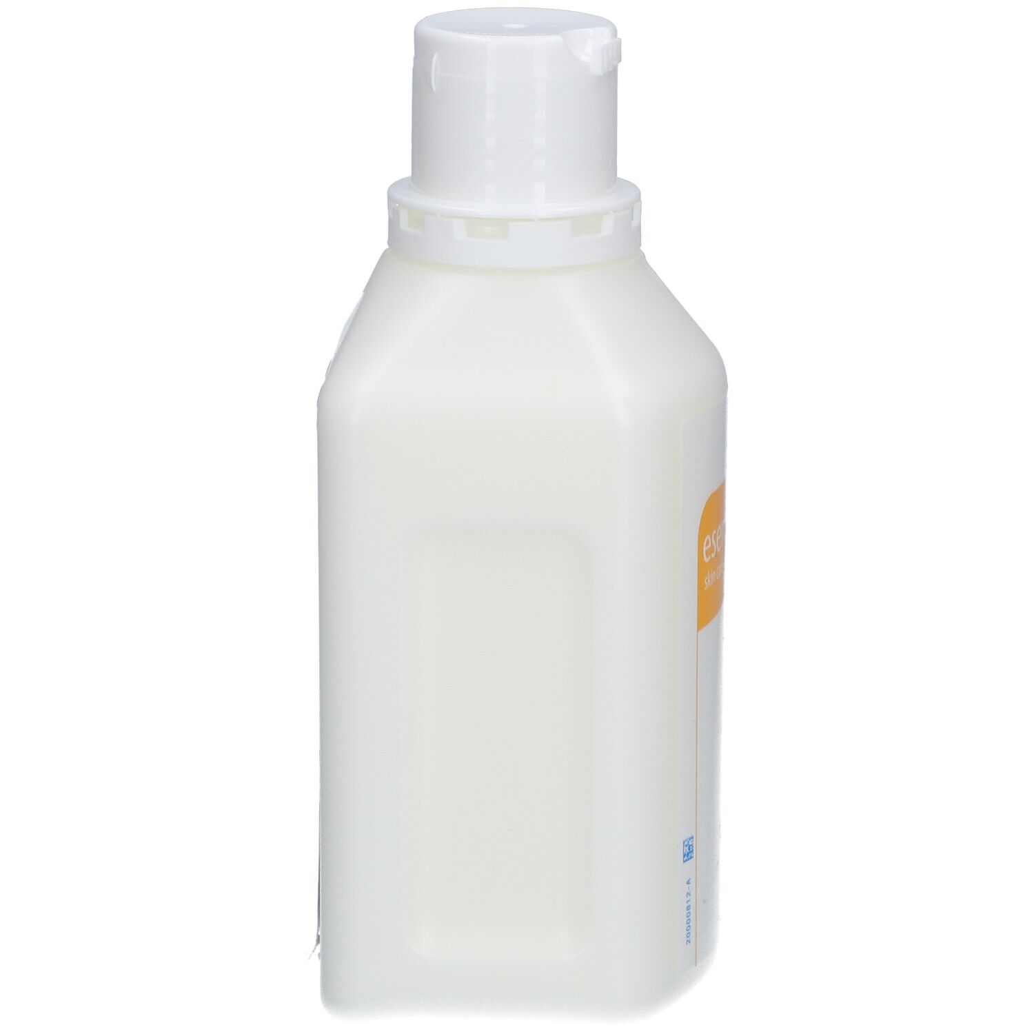 Flesje huidlotion. Witte, rechthoekige fles met klapdeksel. Zijaanzicht.