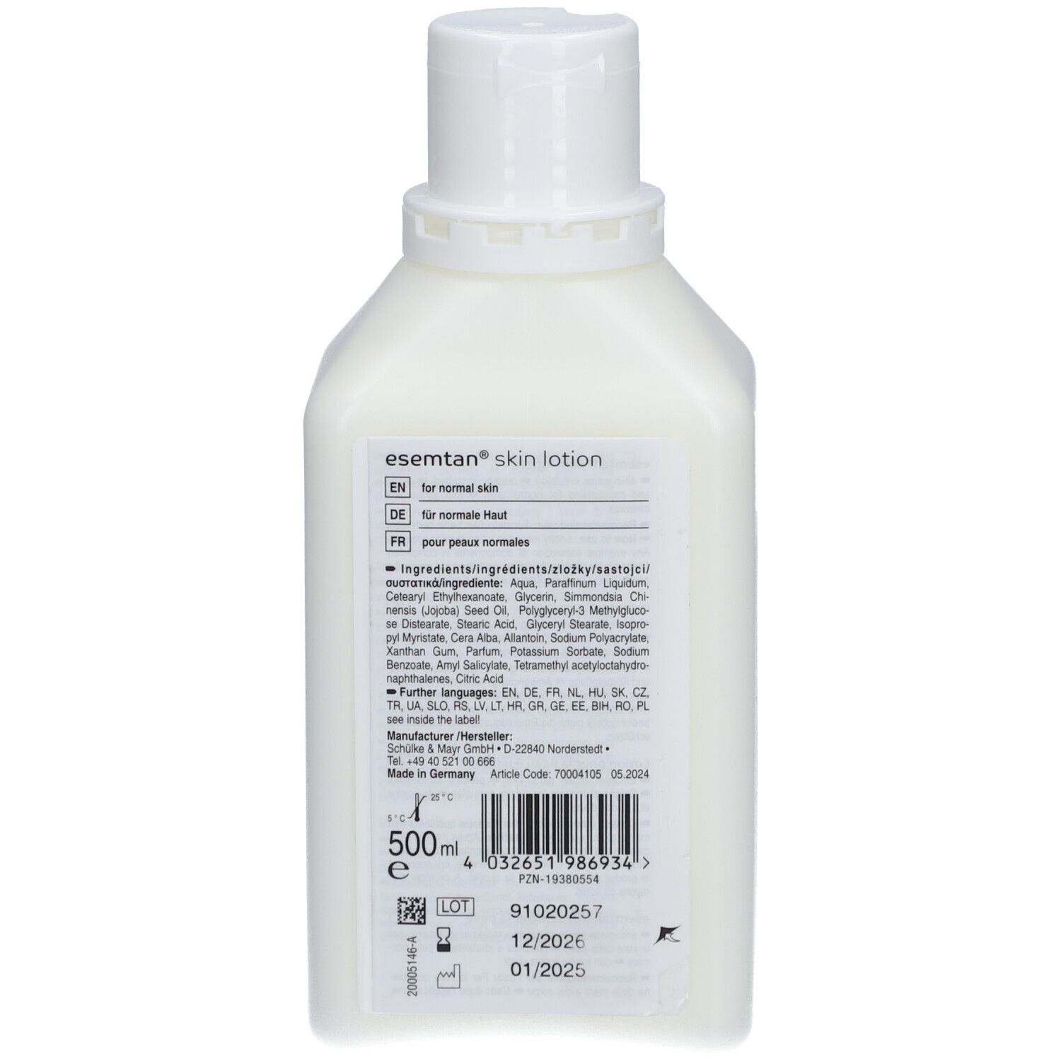 Achterkant van de huidlotionfles. Bevat productinformatie, ingrediënten en fabrikantgegevens.