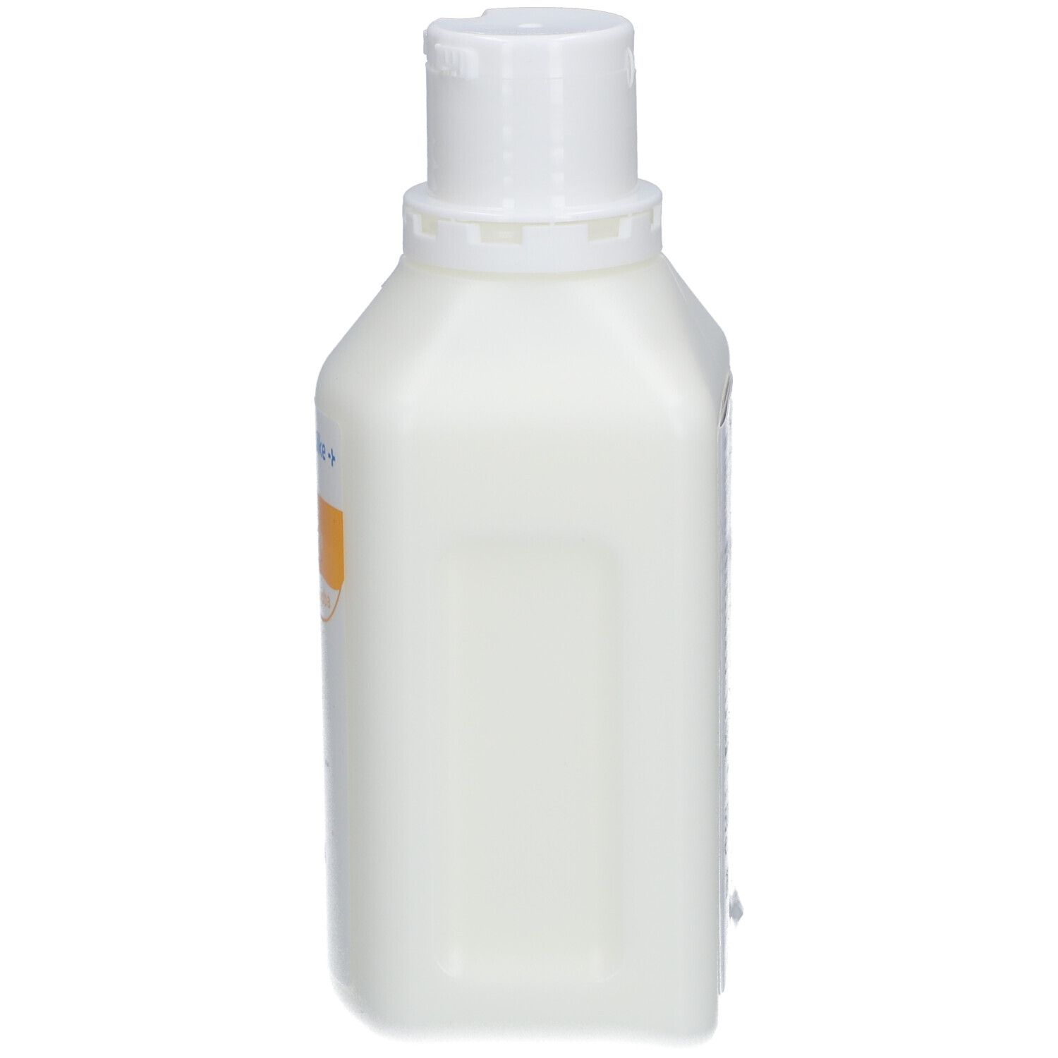 Flesje huidlotion. Witte, rechthoekige fles met klapdeksel. Zijaanzicht.