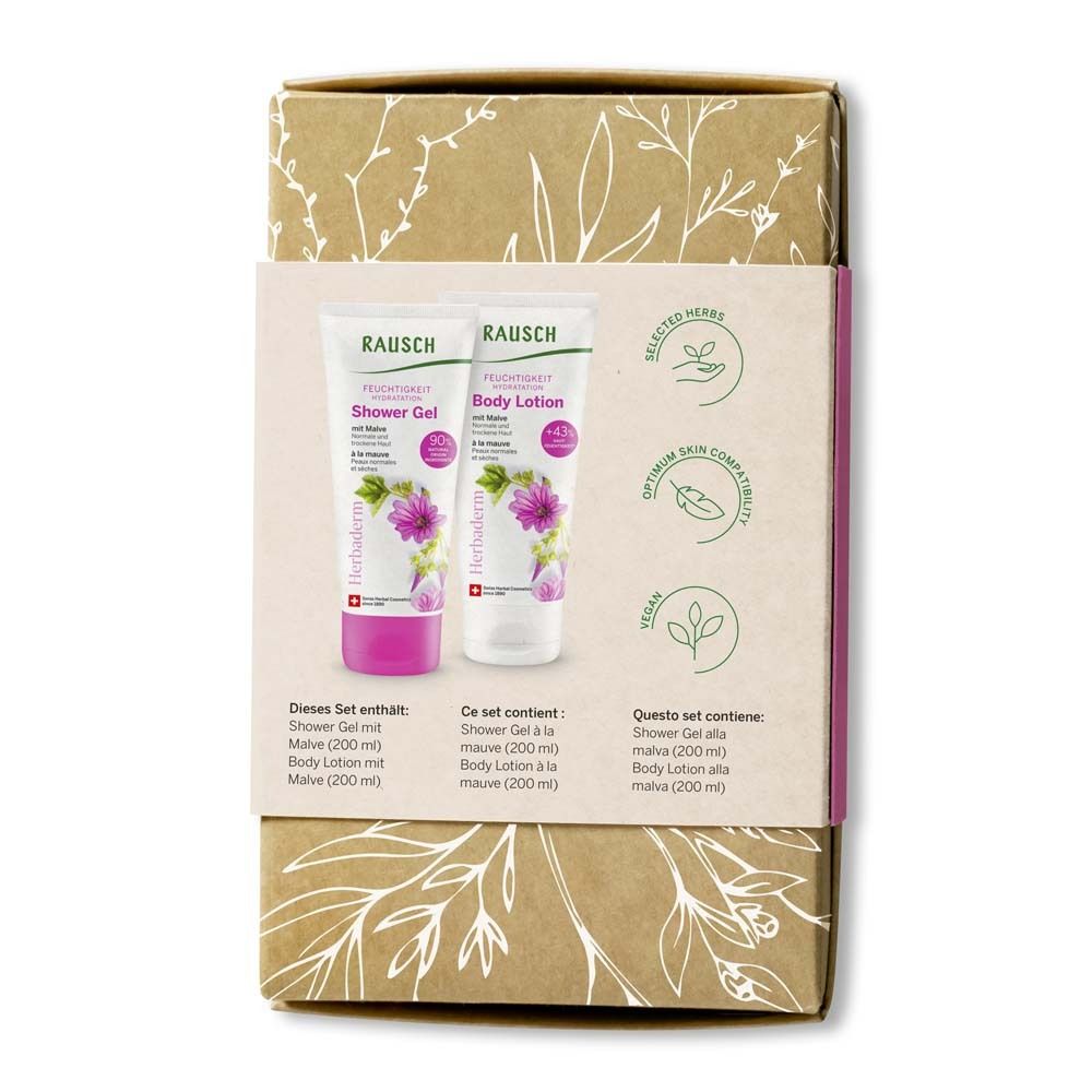 Dos du coffret cadeau avec deux tubes. Contient gel douche et lotion corporelle. Texte en allemand, français, italien.