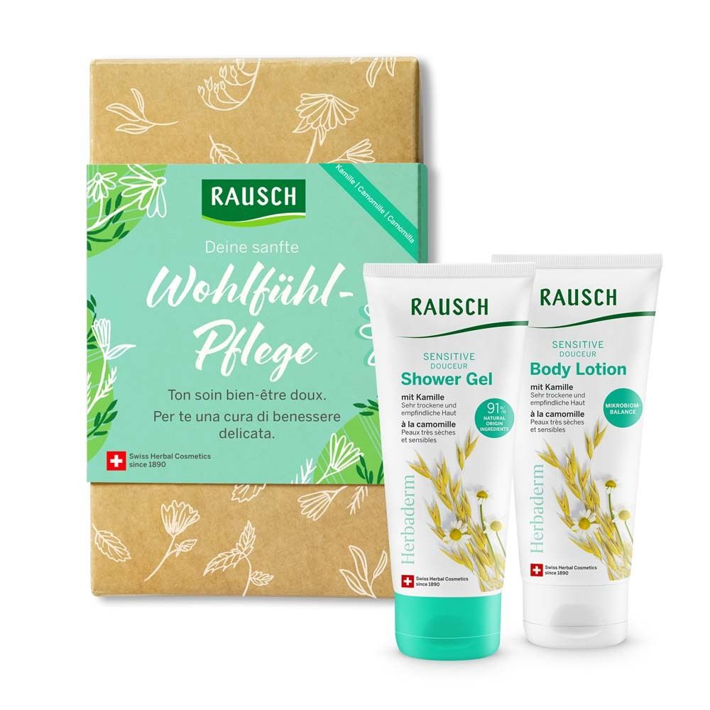 Coffret cadeau avec deux tubes et une boîte en carton. Inscriptions : Rausch, Shower Gel, Body Lotion, camomille.