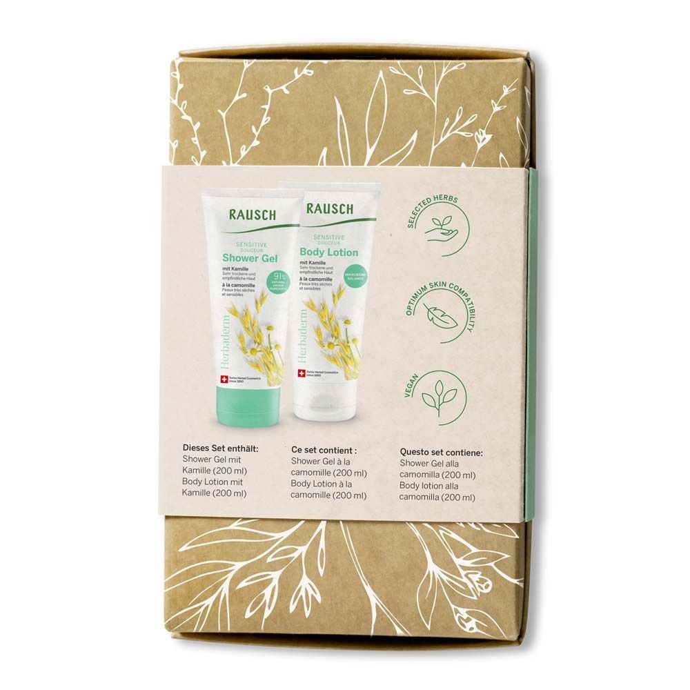 Dos du coffret cadeau avec deux tubes. Inscriptions : Rausch, Shower Gel, Body Lotion, camomille. Texte multilingue.