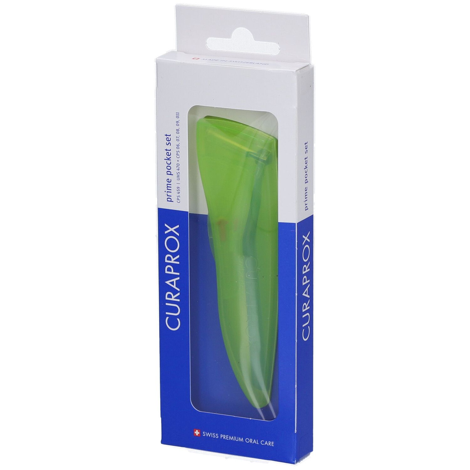 Verpakking met groen product. CURAPROX en prime pocket set zichtbaar.