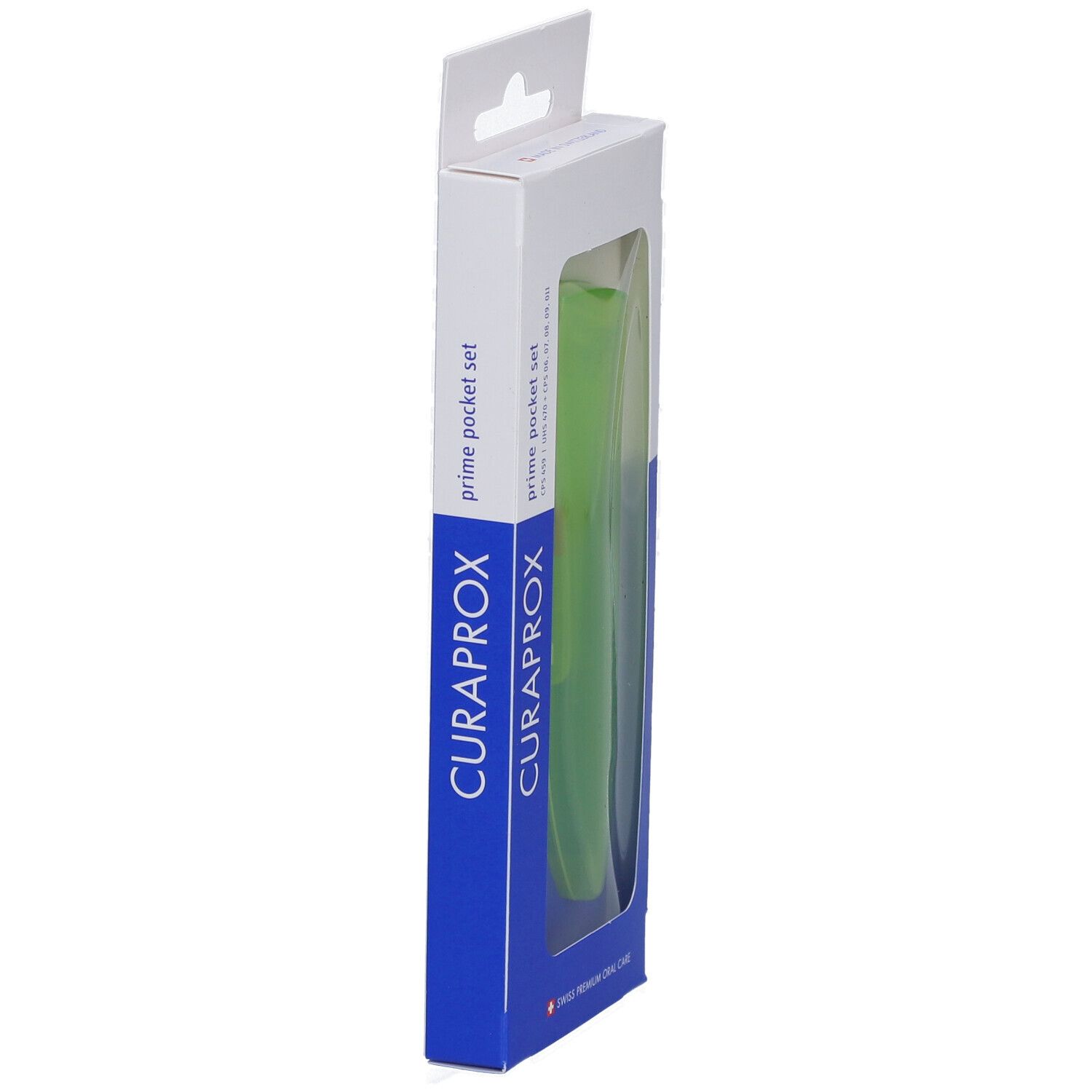 Smalle verpakking met groen product. CURAPROX en prime pocket set zichtbaar.