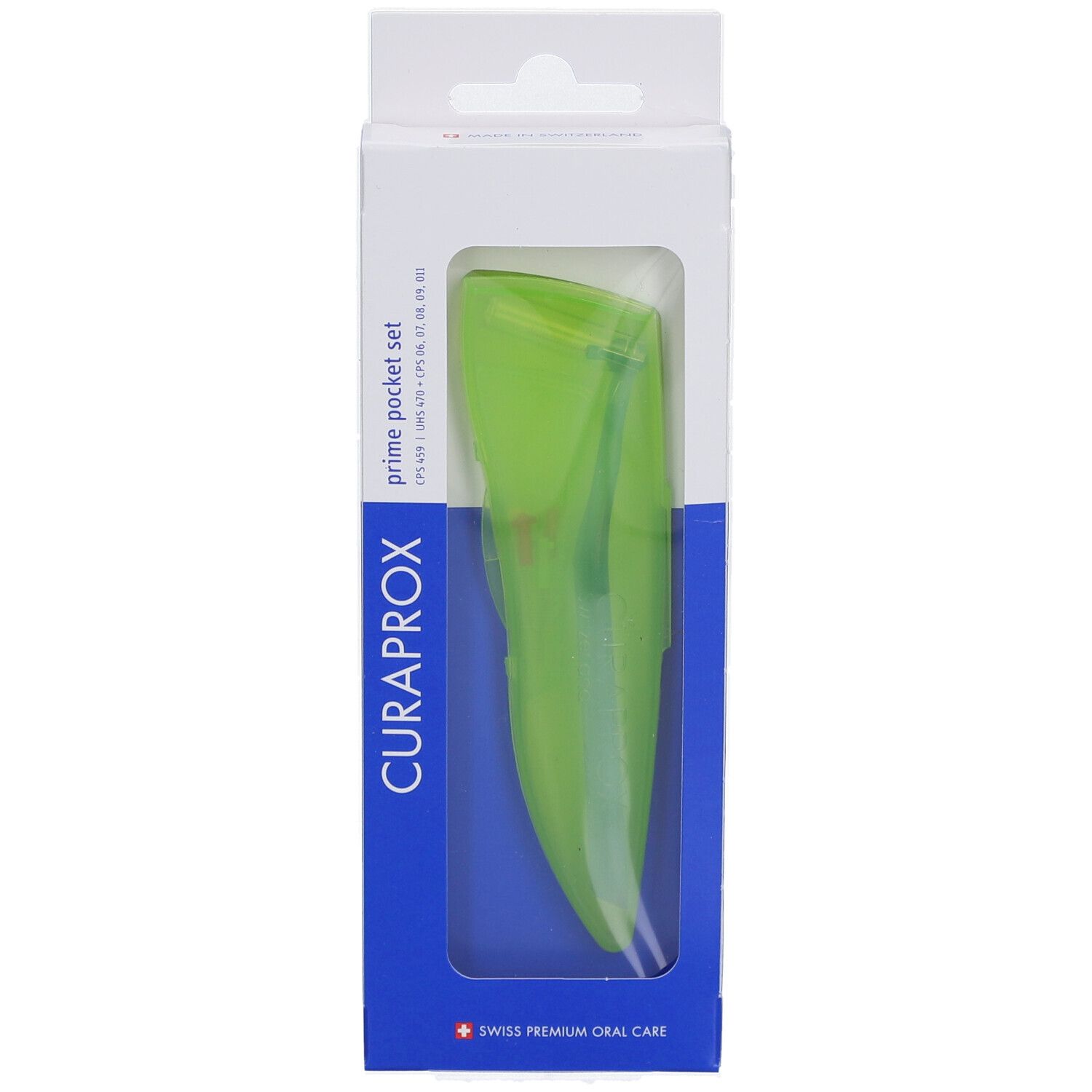 Verpakking met groen product. CURAPROX en prime pocket set zichtbaar.