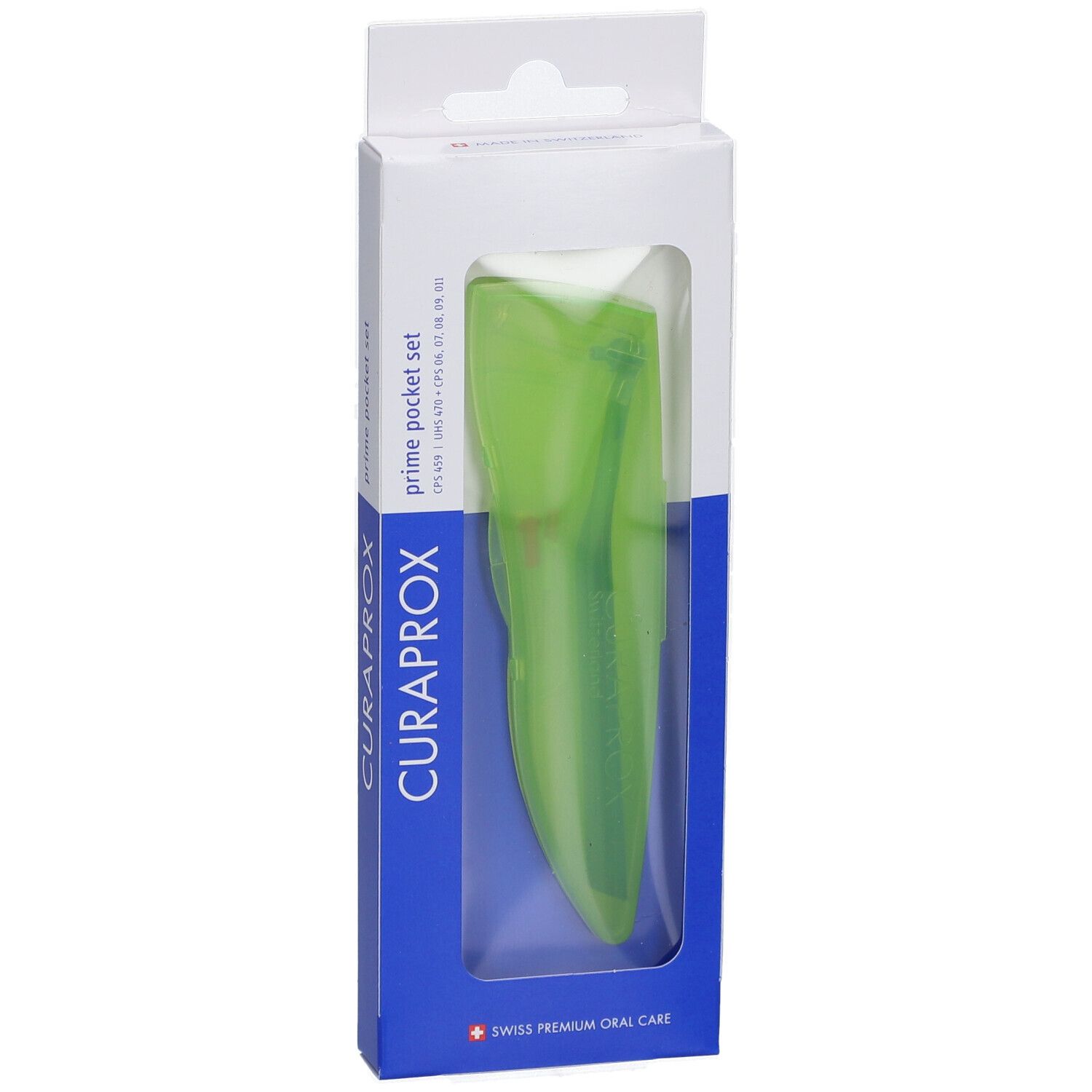 Verpakking met groen product. CURAPROX en prime pocket set zichtbaar.