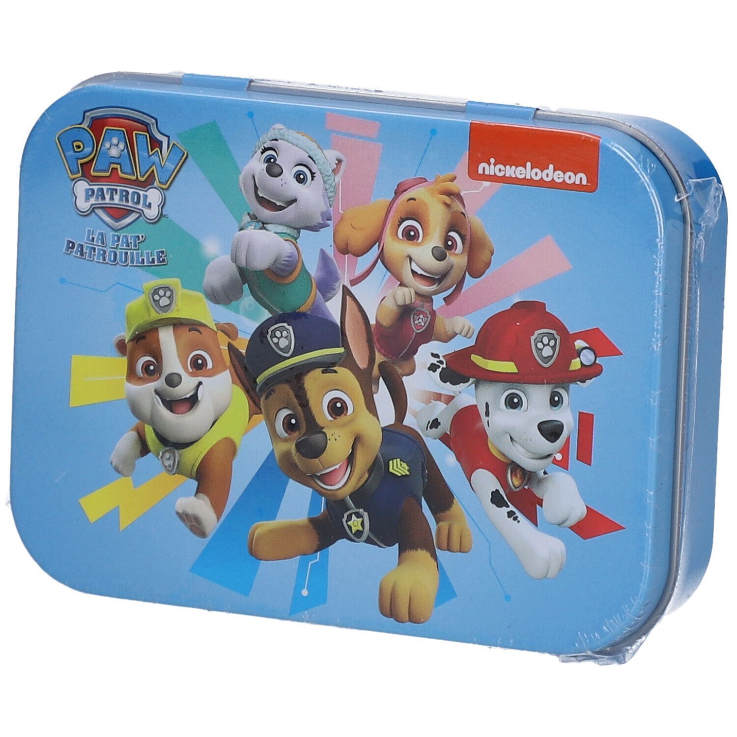 Boîte métallique bleue avec motifs Pat' Patrouille. Couvercle avec logo Pat' Patrouille et personnages. Logo Nickelodeon.