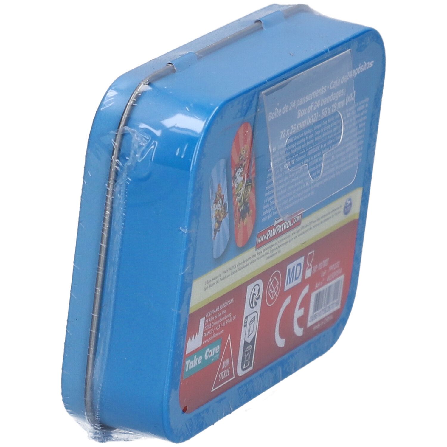 Boîte métallique bleue vue en biais de l'arrière. Informations produit au dos. Emballée dans du film plastique.