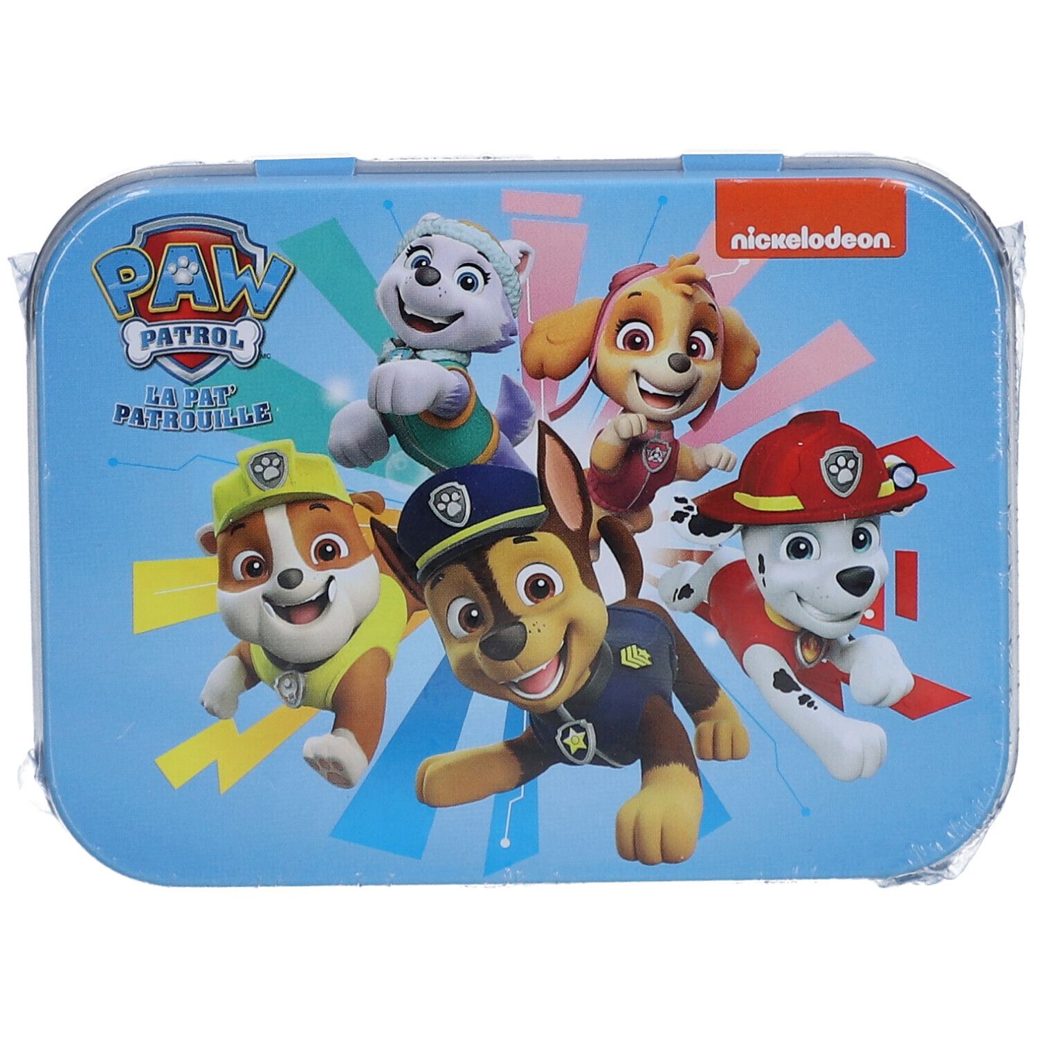 Boîte métallique bleue avec motifs Pat' Patrouille. Couvercle avec logo Pat' Patrouille et personnages. Logo Nickelodeon.