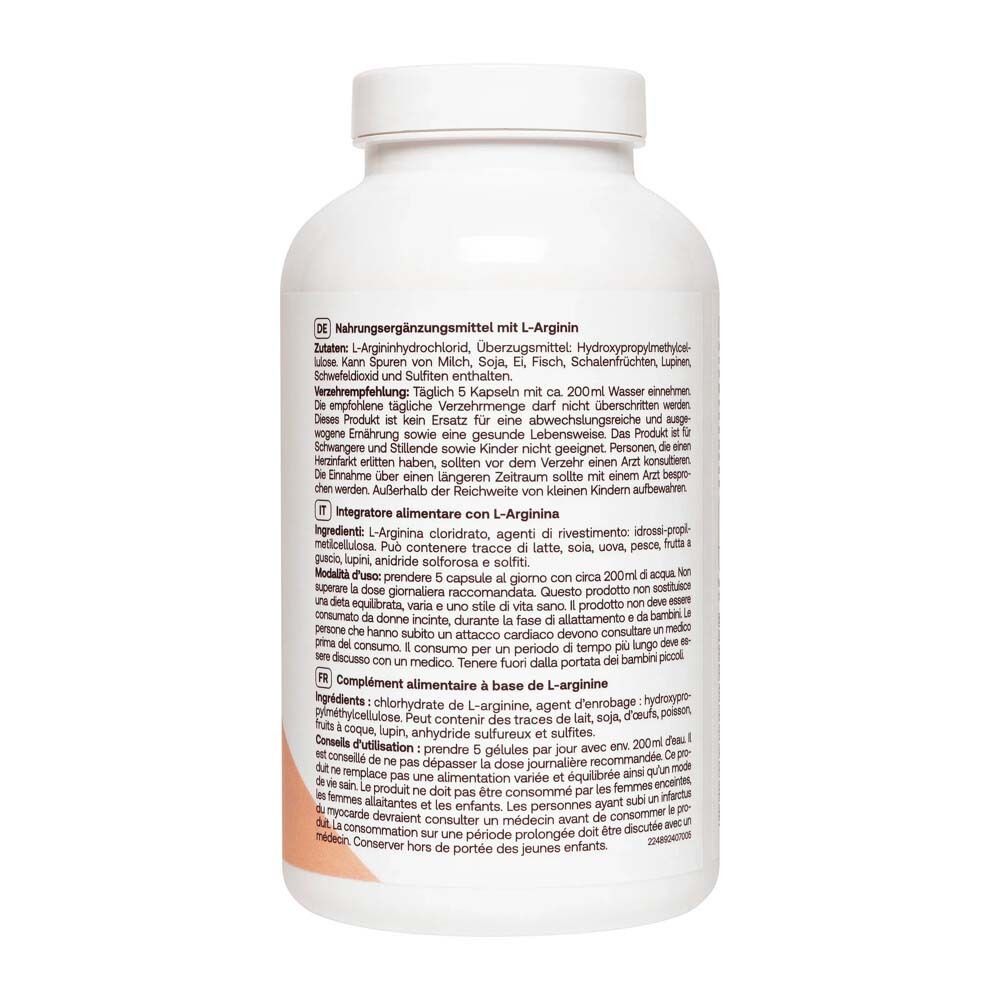 Achterkant van de fles Redcare L-Arginine. Tekst in het Duits, Italiaans, Nederlands en Frans. Ingrediënten en gebruik.