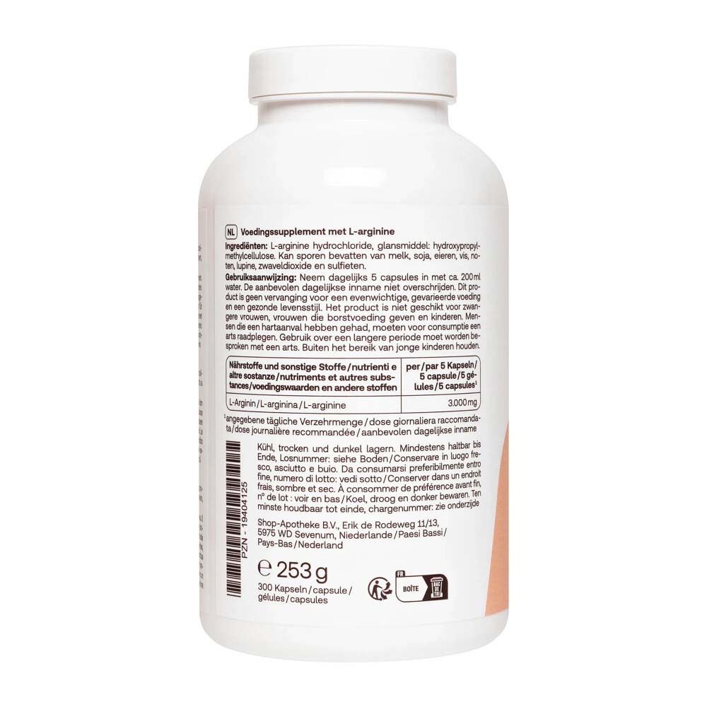 Achterkant van de fles Redcare L-Arginine. Tekst in het Duits, Italiaans, Nederlands en Frans. Ingrediënten en gebruik.