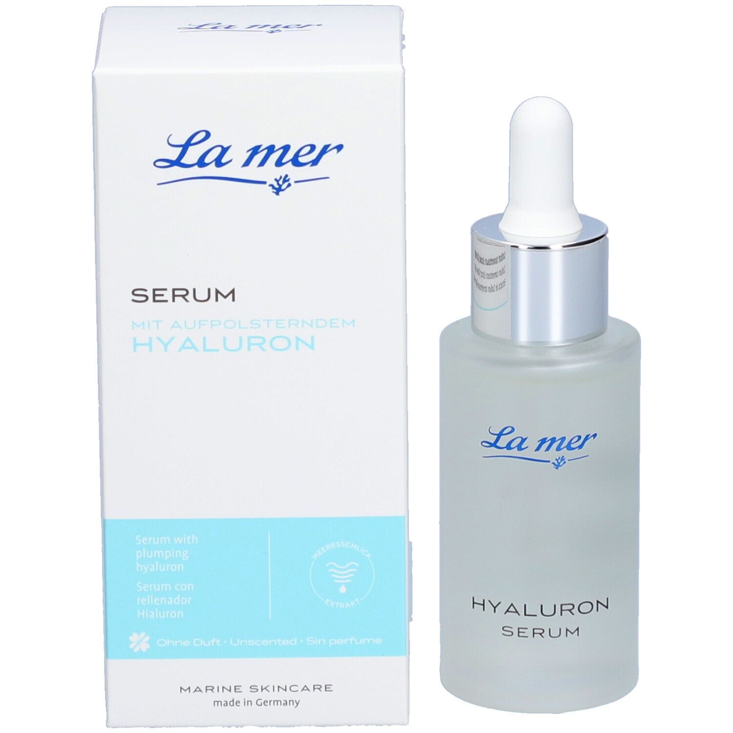 Produit avec emballage. Flacon en verre de sérum à l'acide hyaluronique et carton. Inscription bleue : La mer, Hyaluron Serum.
