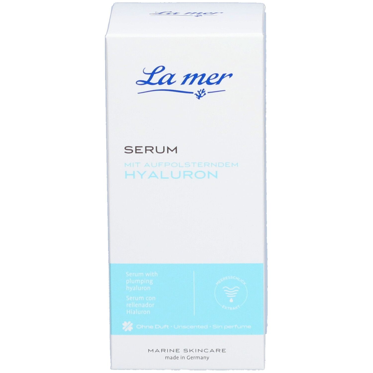 Emballage en carton pour sérum à l'acide hyaluronique. Inscription bleue : La mer, Sérum, Hyaluron. Marine Skincare.