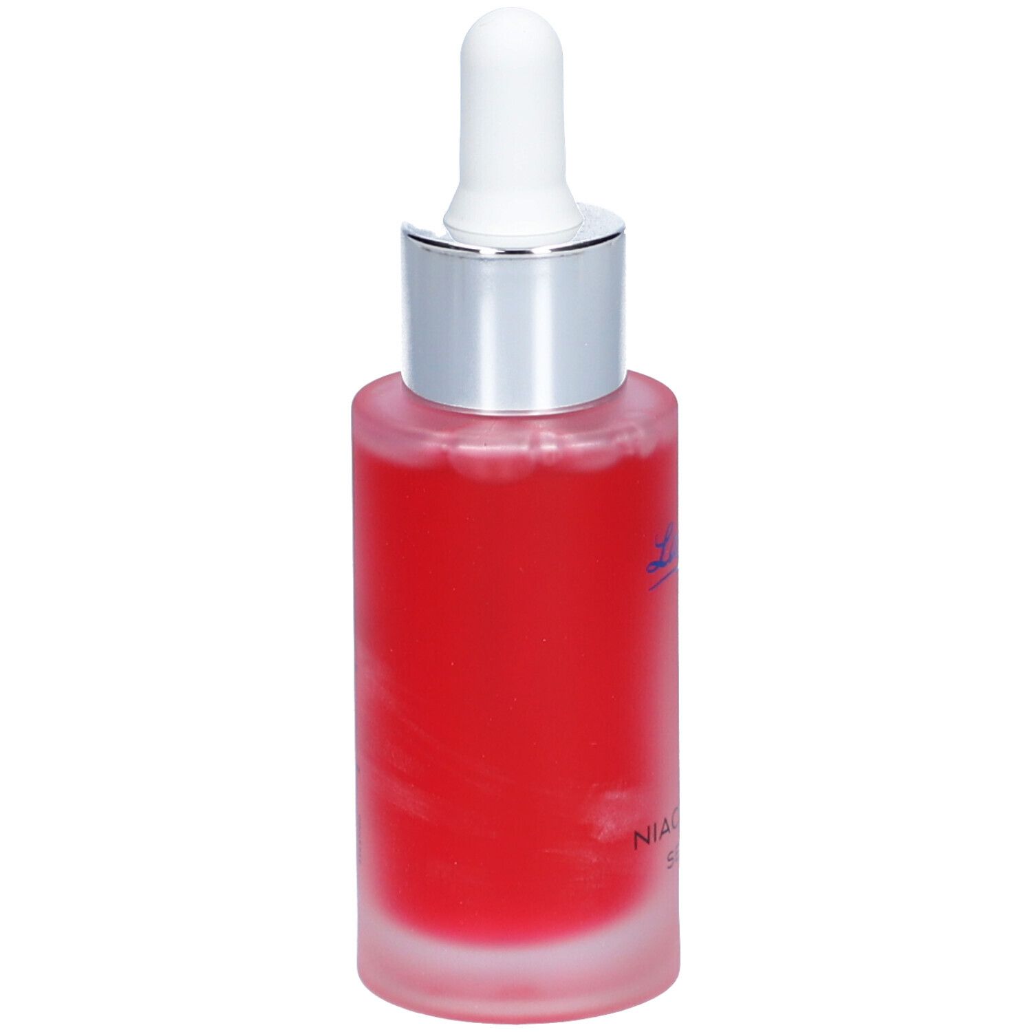 Flacon de sérum rouge avec pipette. Inscription : La mer, Niacinamid Serum.