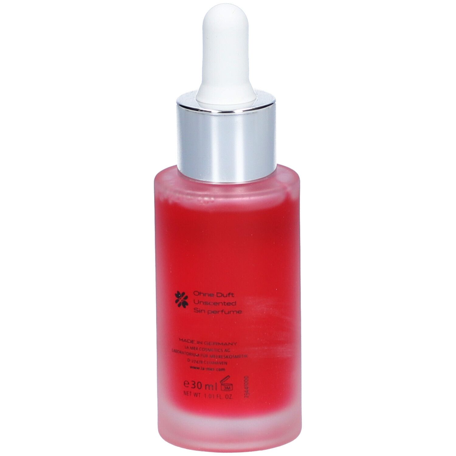 Flacon de sérum rouge avec pipette. Dos avec texte et logo. Inscription : La mer, 30 ml.