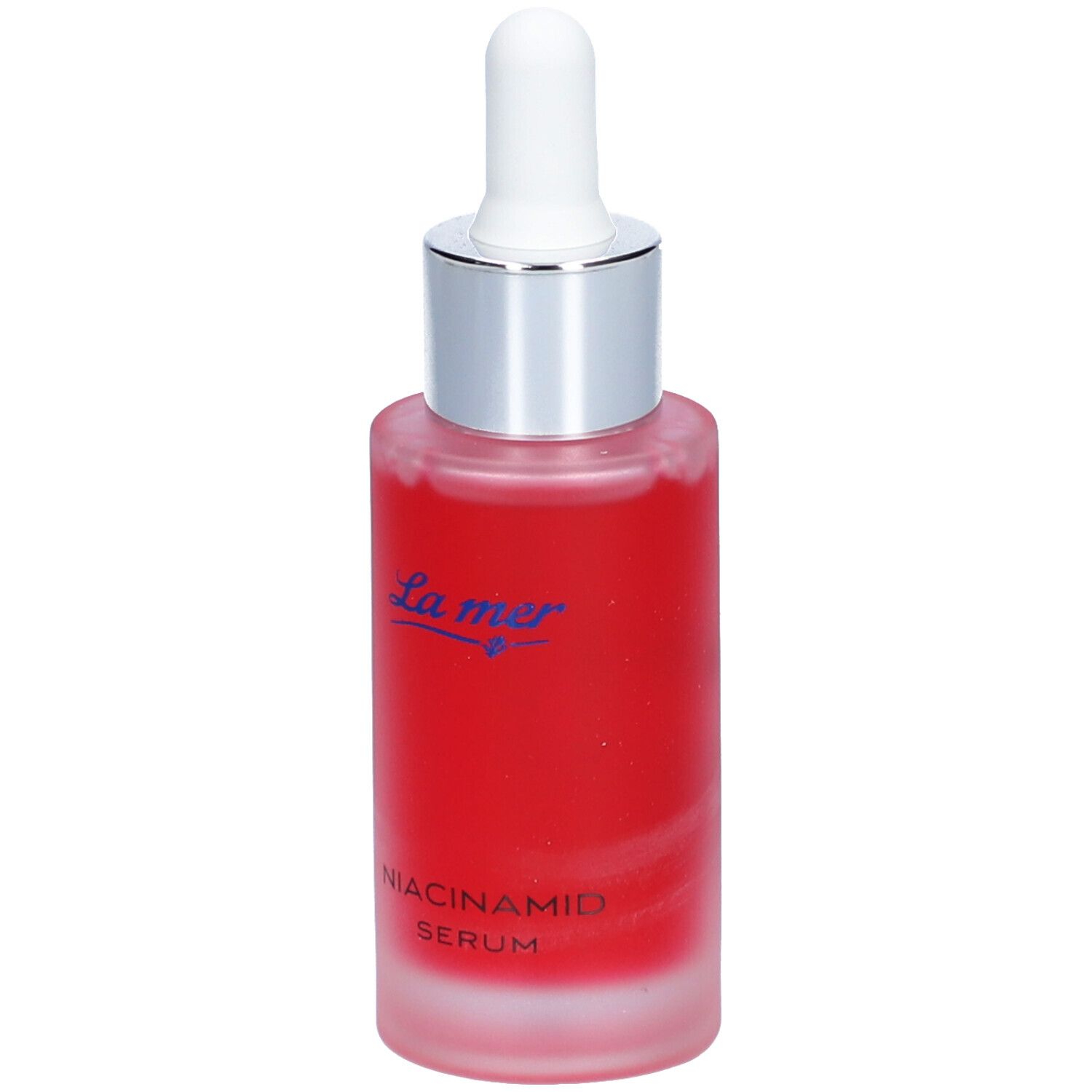 Flacon de sérum rouge avec pipette. Inscription : La mer, Niacinamid Serum.