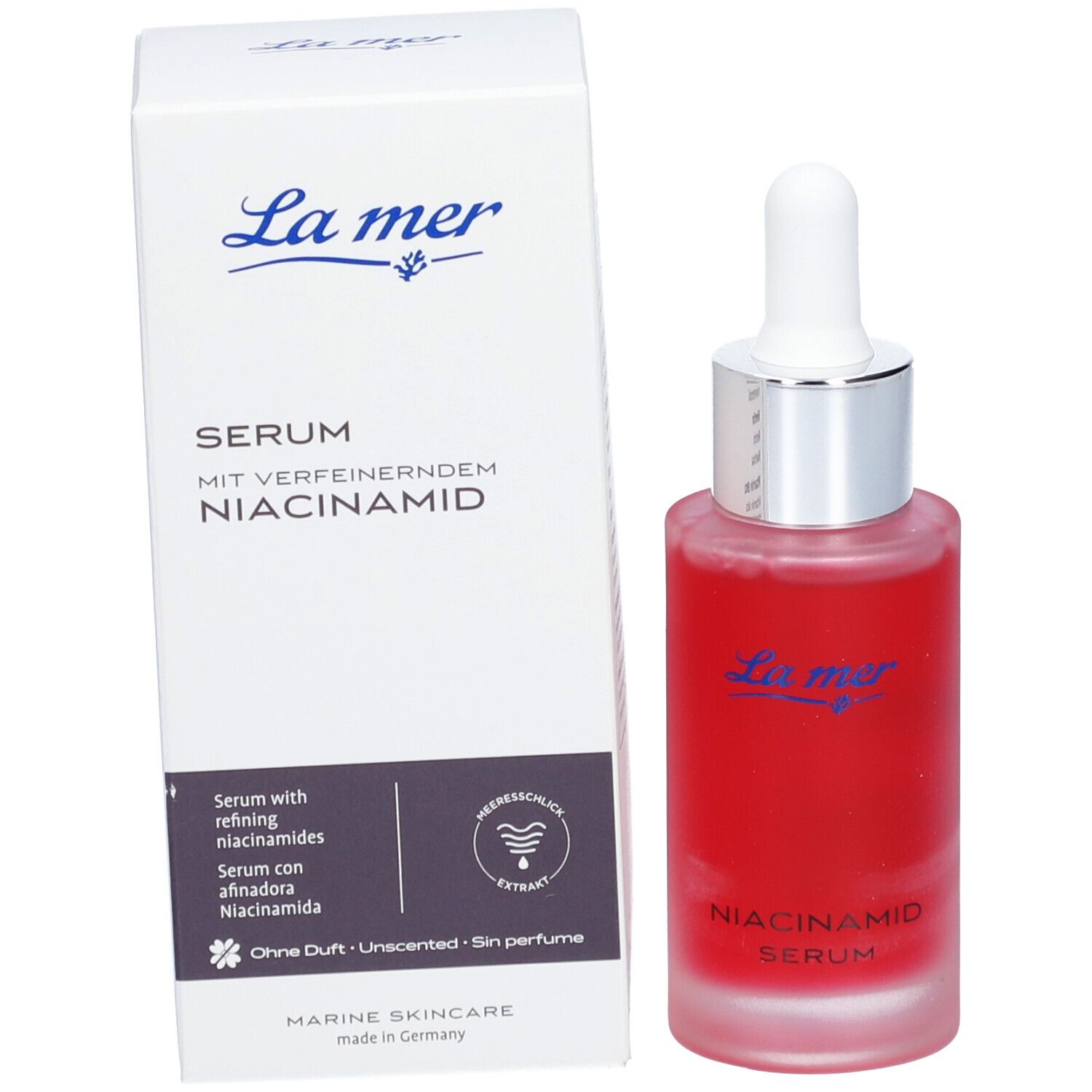 Flacon de sérum et emballage. Inscription : La mer, Sérum avec niacinamide affinant.