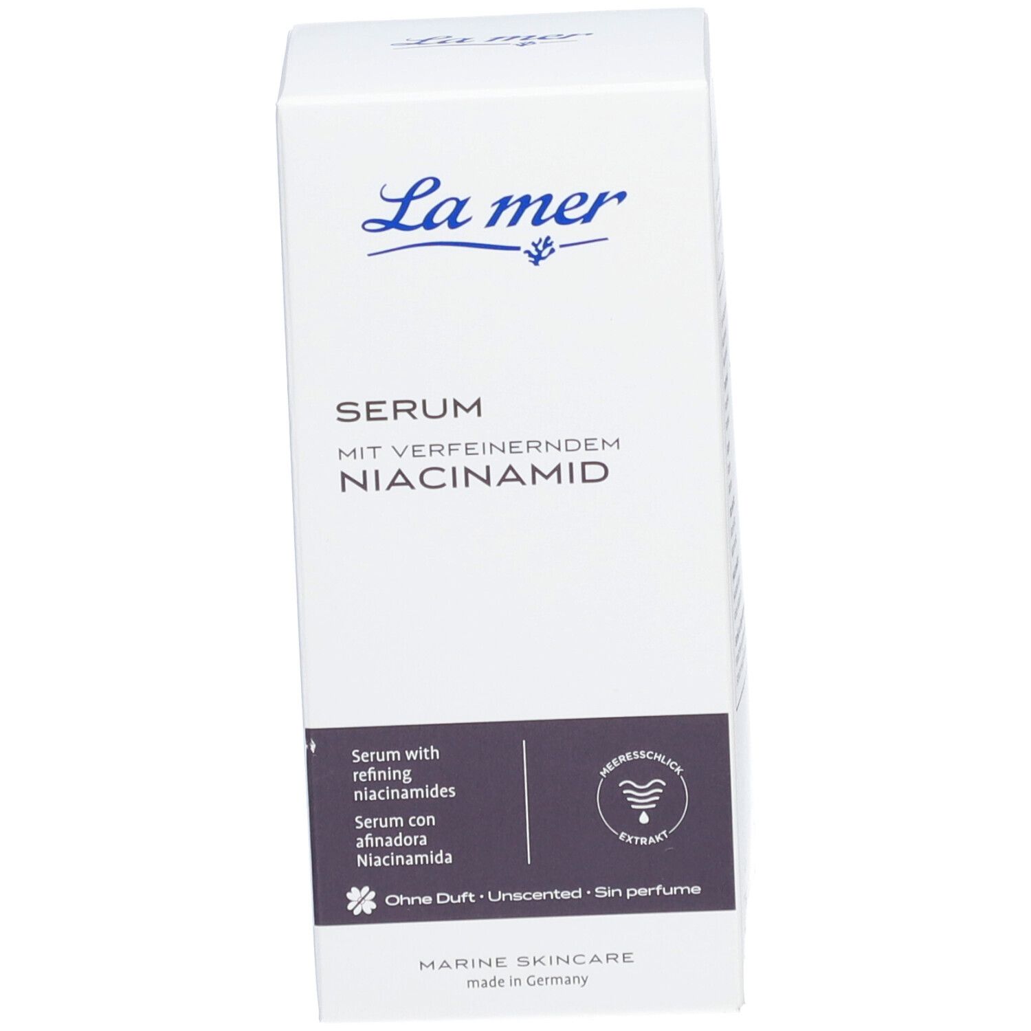 Emballage. Inscription : La mer, Sérum avec niacinamide affinant. Marine Skincare.
