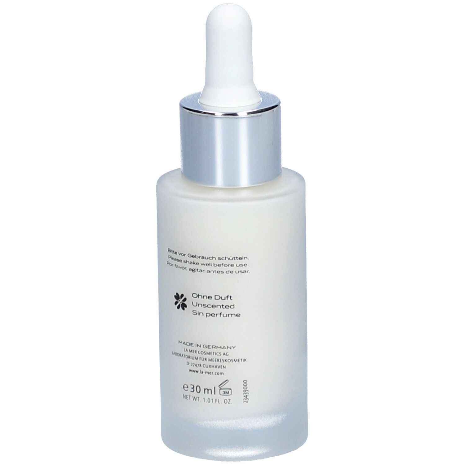 Flacon de sérum, dos. Inscription : Sans parfum, Unscented, Sin perfume. 30 ml.