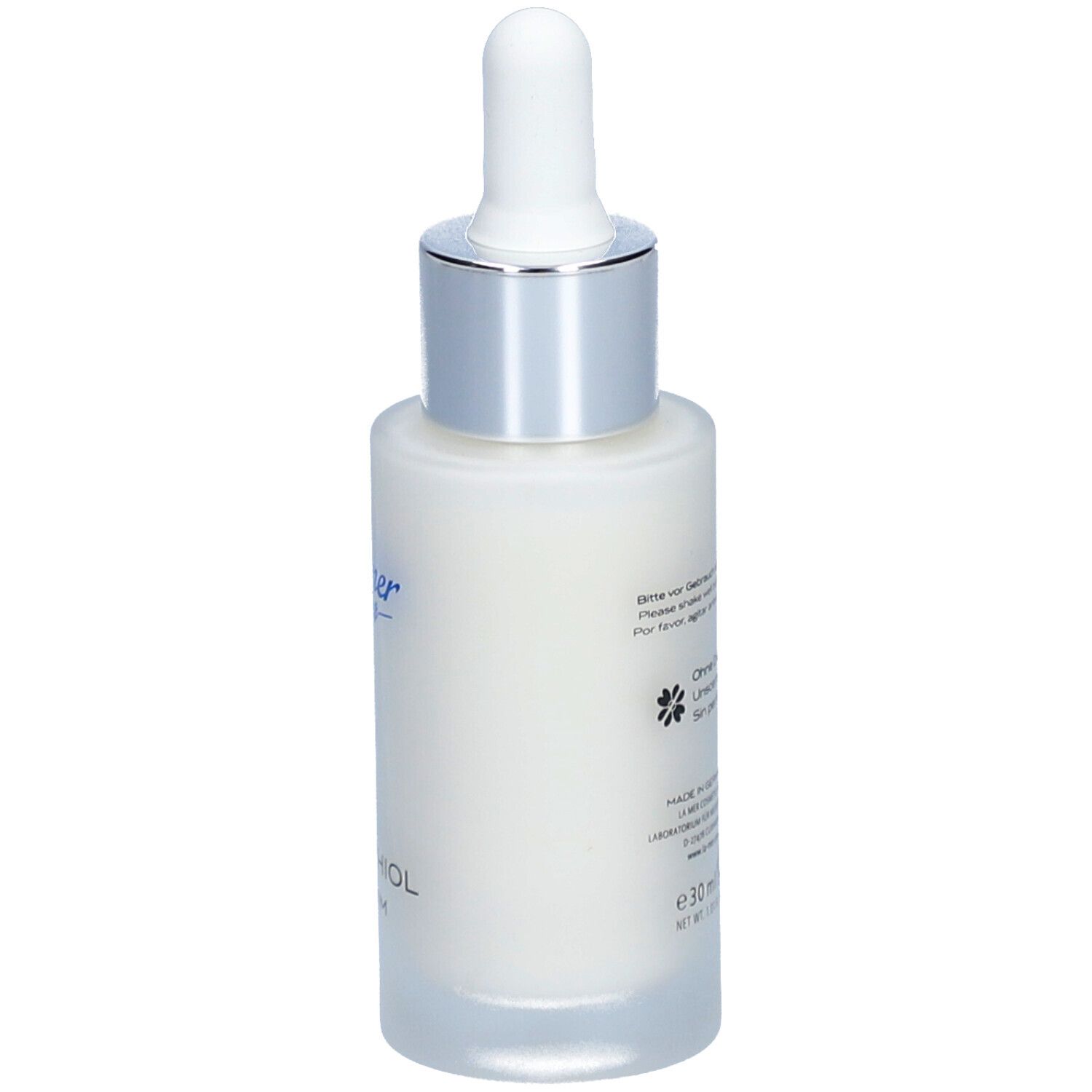 Flacon de sérum, dos. Inscription : Sans parfum, Unscented, Sin perfume. 30 ml.