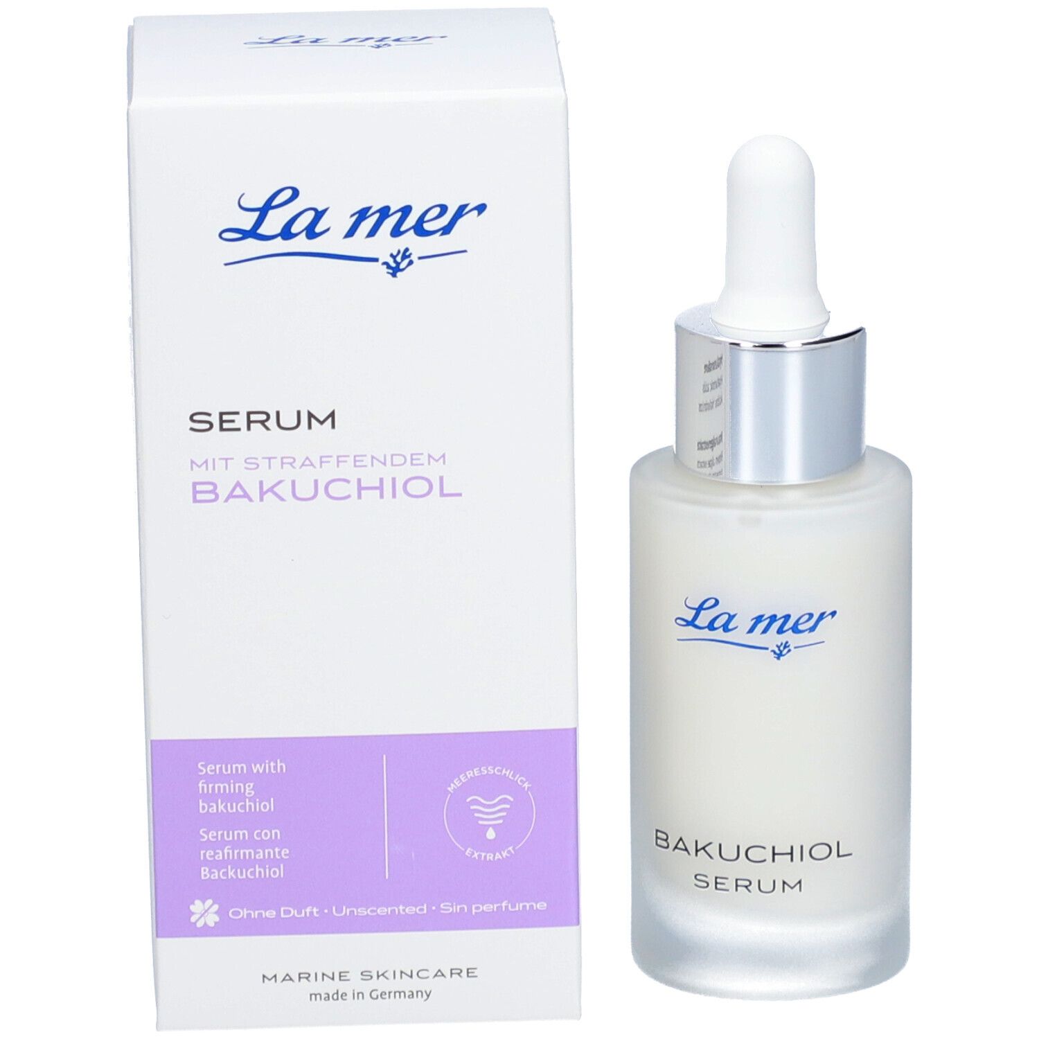 Flacon de sérum et emballage. Inscription : La mer, Sérum au bakuchiol raffermissant.