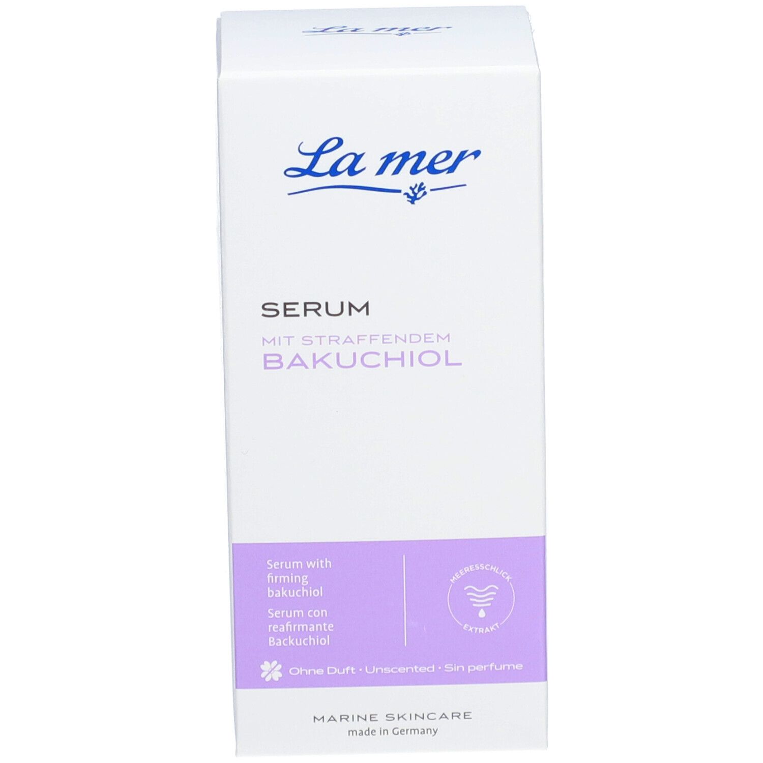 Emballage. Inscription : La mer, Sérum au bakuchiol raffermissant. Sans parfum.