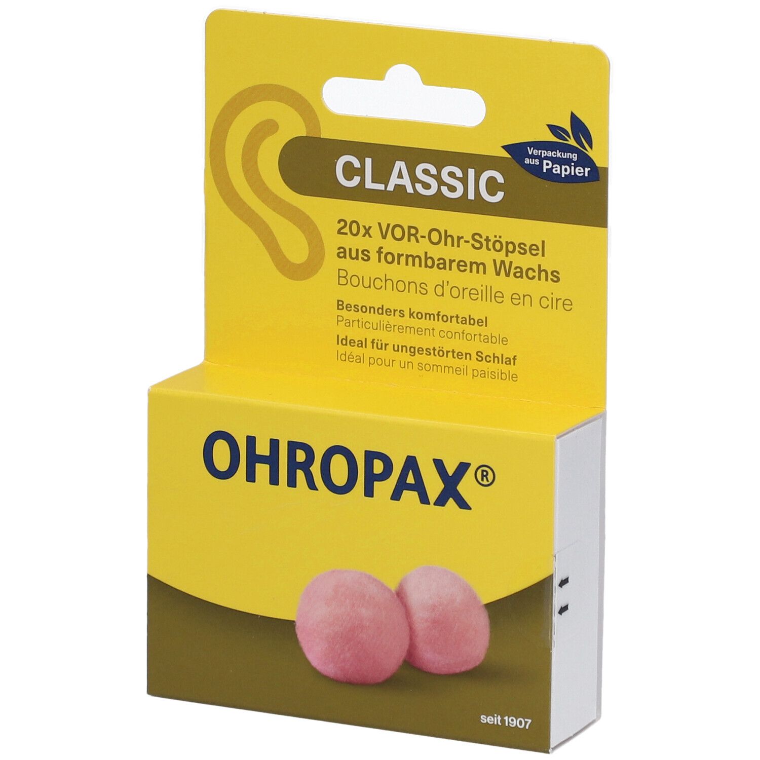 Emballage jaune avec deux bouchons d'oreille roses. Texte: OHROPAX® Classic.  Illustration d'une oreille.  « Verpackung aus Papier ».
