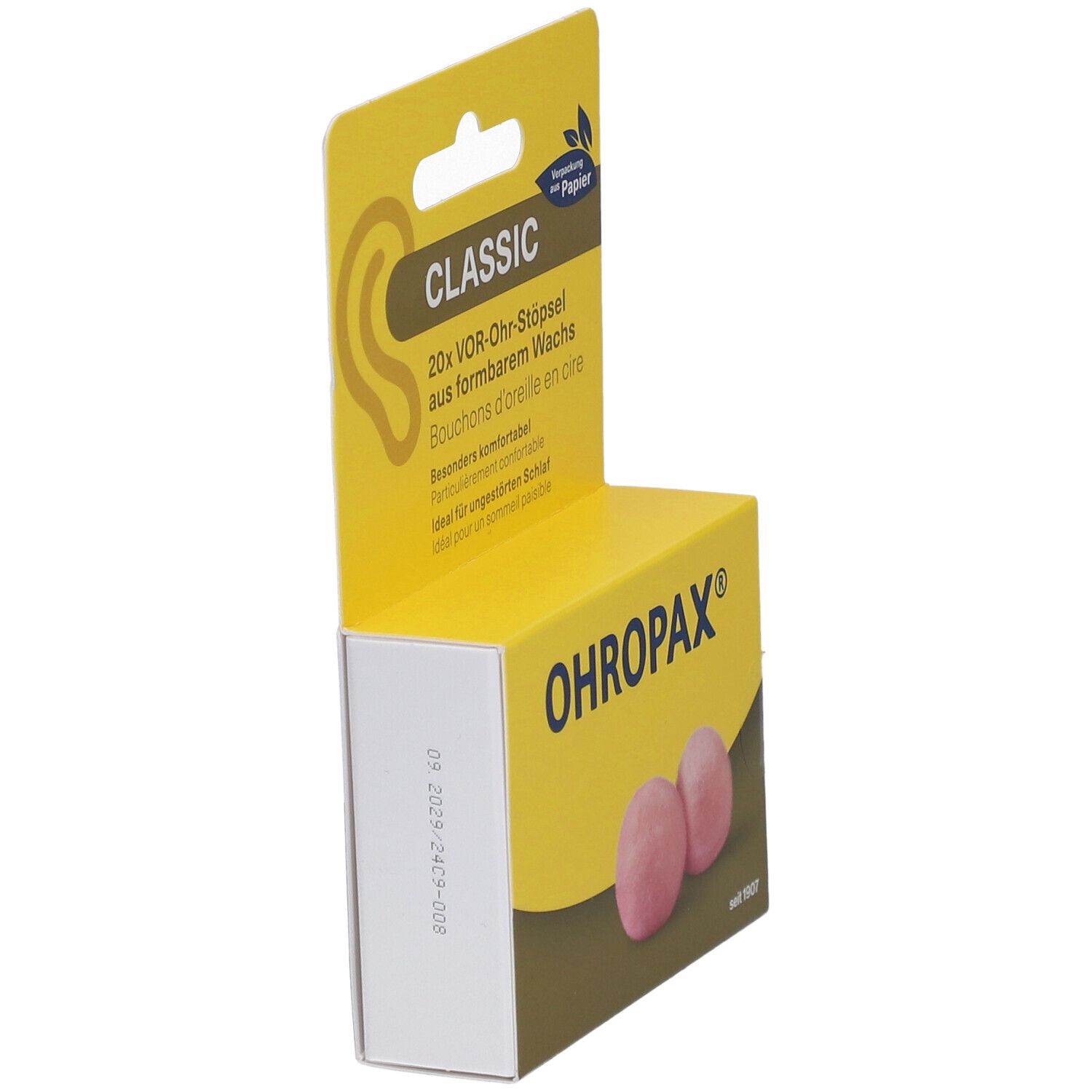 Vue latérale de l'emballage. Jaune et marron. Deux bouchons d'oreille roses visibles. Texte: OHROPAX® Classic. « Verpackung aus Papier ».