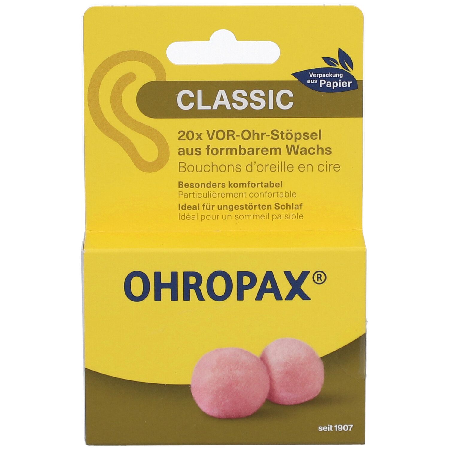 Emballage avec deux bouchons d'oreille roses. Texte: OHROPAX® Classic.  Illustration d'une oreille.  « Verpackung aus Papier ».