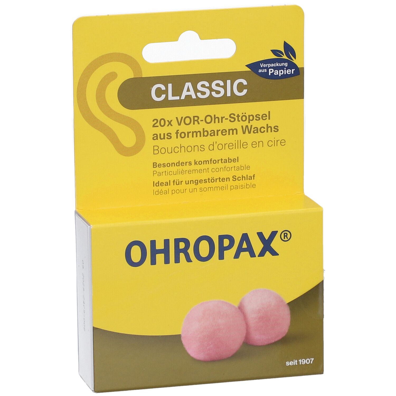 Emballage avec deux bouchons d'oreille roses. Texte: OHROPAX® Classic.  Illustration d'une oreille.  « Verpackung aus Papier ».