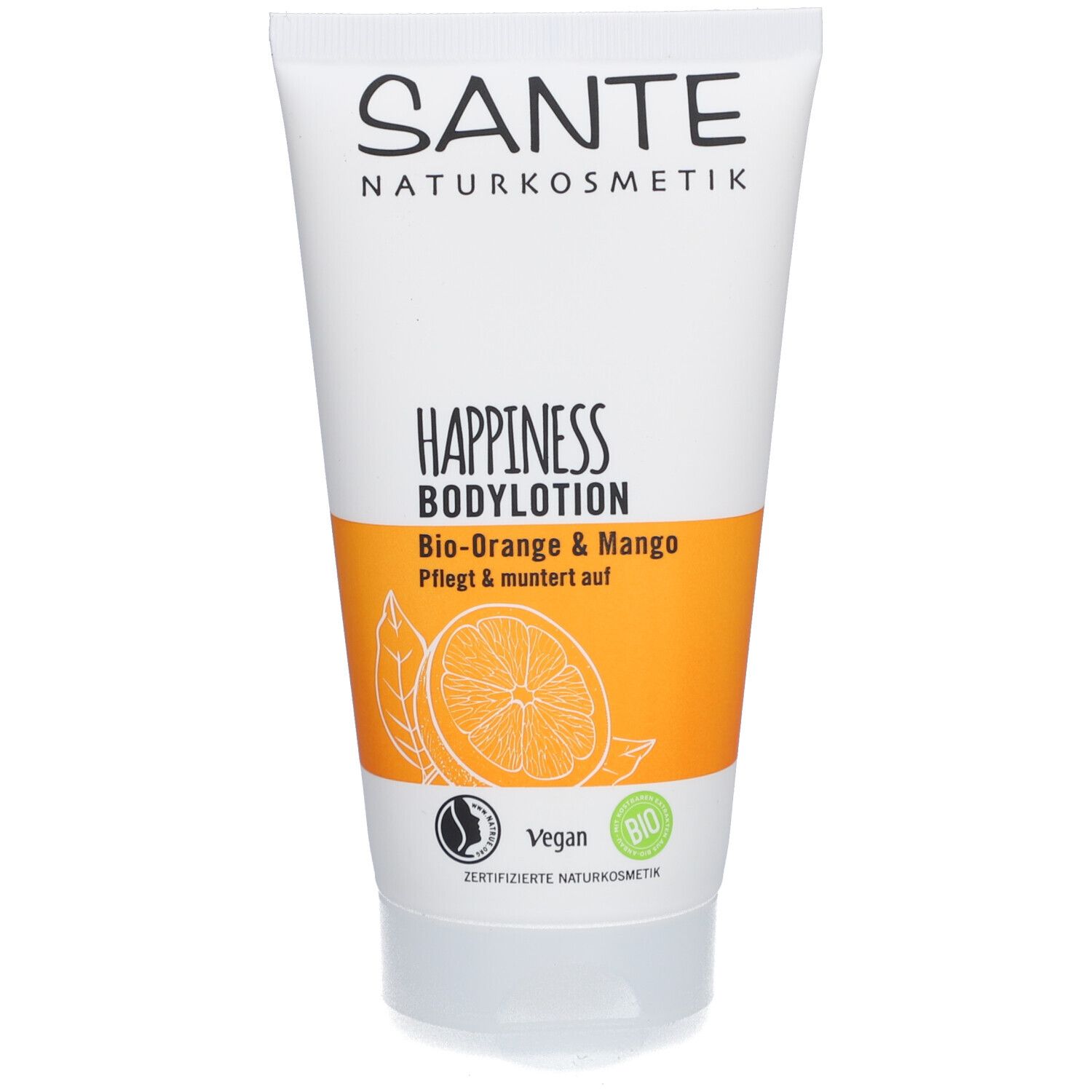 Witte tube SANTE HAPPINESS bodylotion. Oranje strook met productinfo en sinaasappelillustratie. Vegan keurmerk.