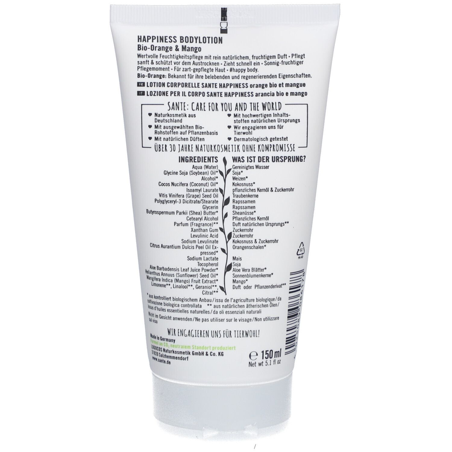 Achterkant van de SANTE HAPPINESS bodylotion tube. Tekst met productinfo, ingrediënten en logo's. Volume: 150 ml.