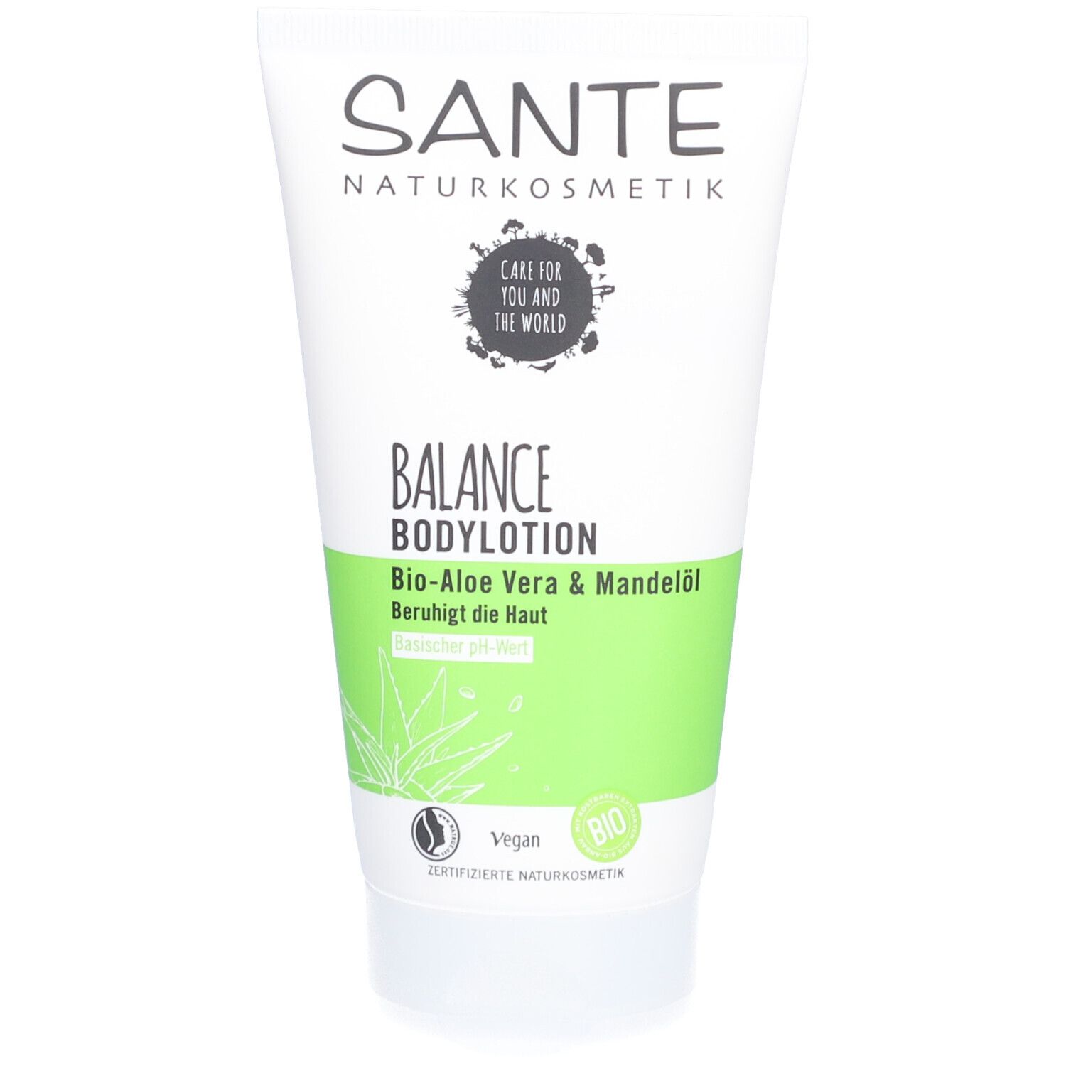 Witte tube met SANTE-logo en "Balance Bodylotion". Groene zones met Aloë Vera en amandelolie. Vegan-keurmerk.