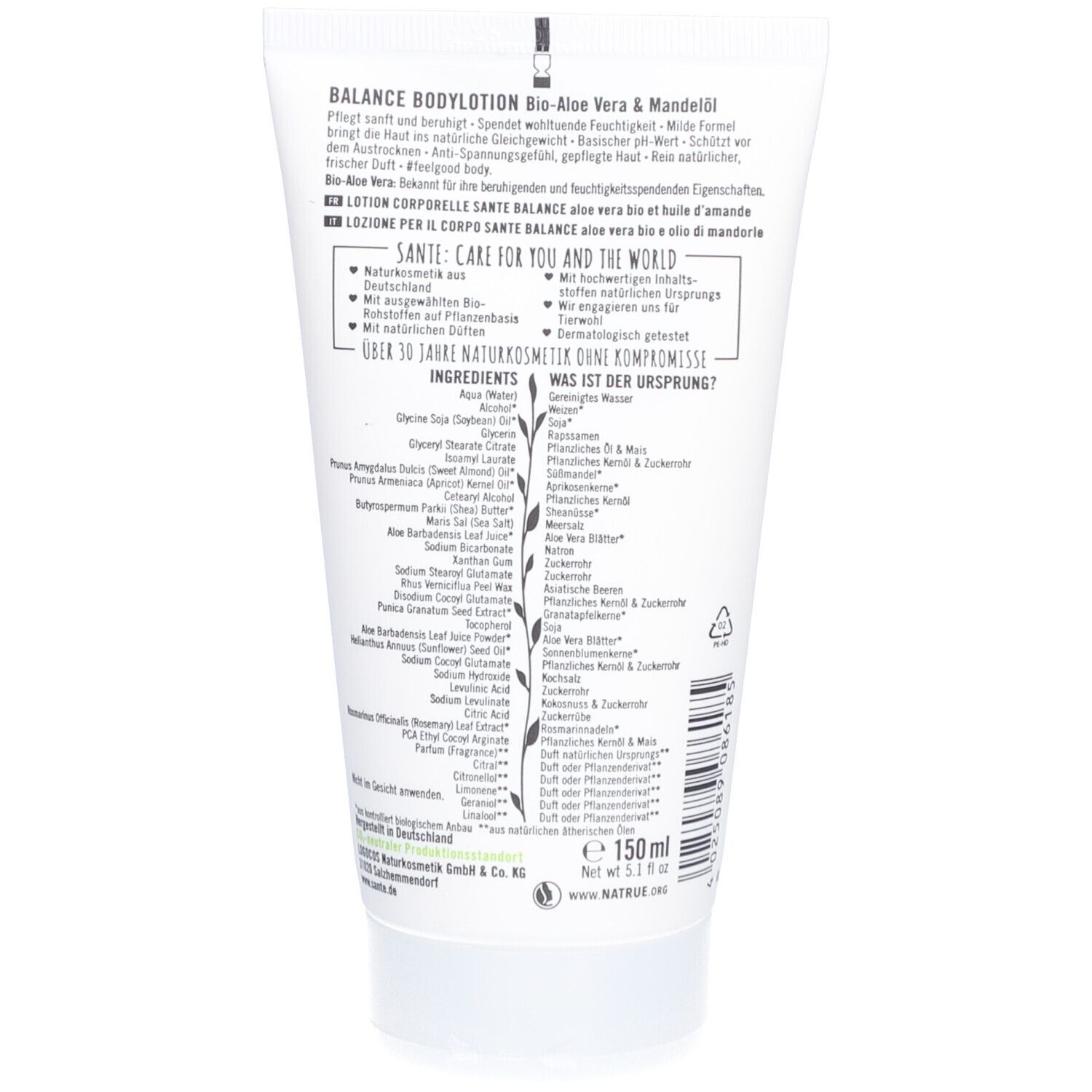 Achterkant van de tube. Tekst met ingrediënten en informatie. SANTE-logo en "Care for you and the world". Bio-keurmerk.