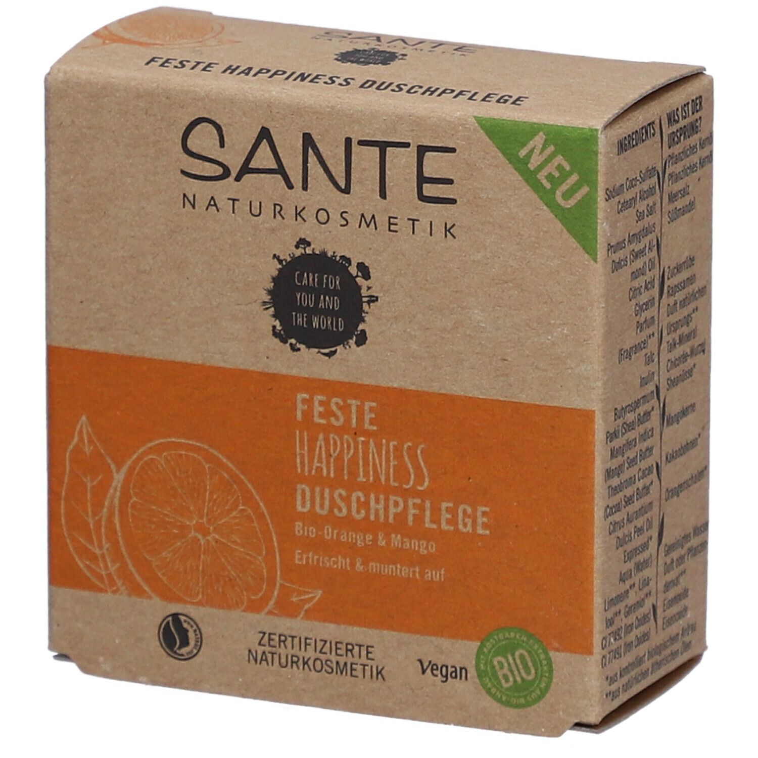 Kartonnen verpakking met productinformatie. Oranje vlak met productnaam en Bio-Orange & Mango. Vegan- en Bio-keurmerk.