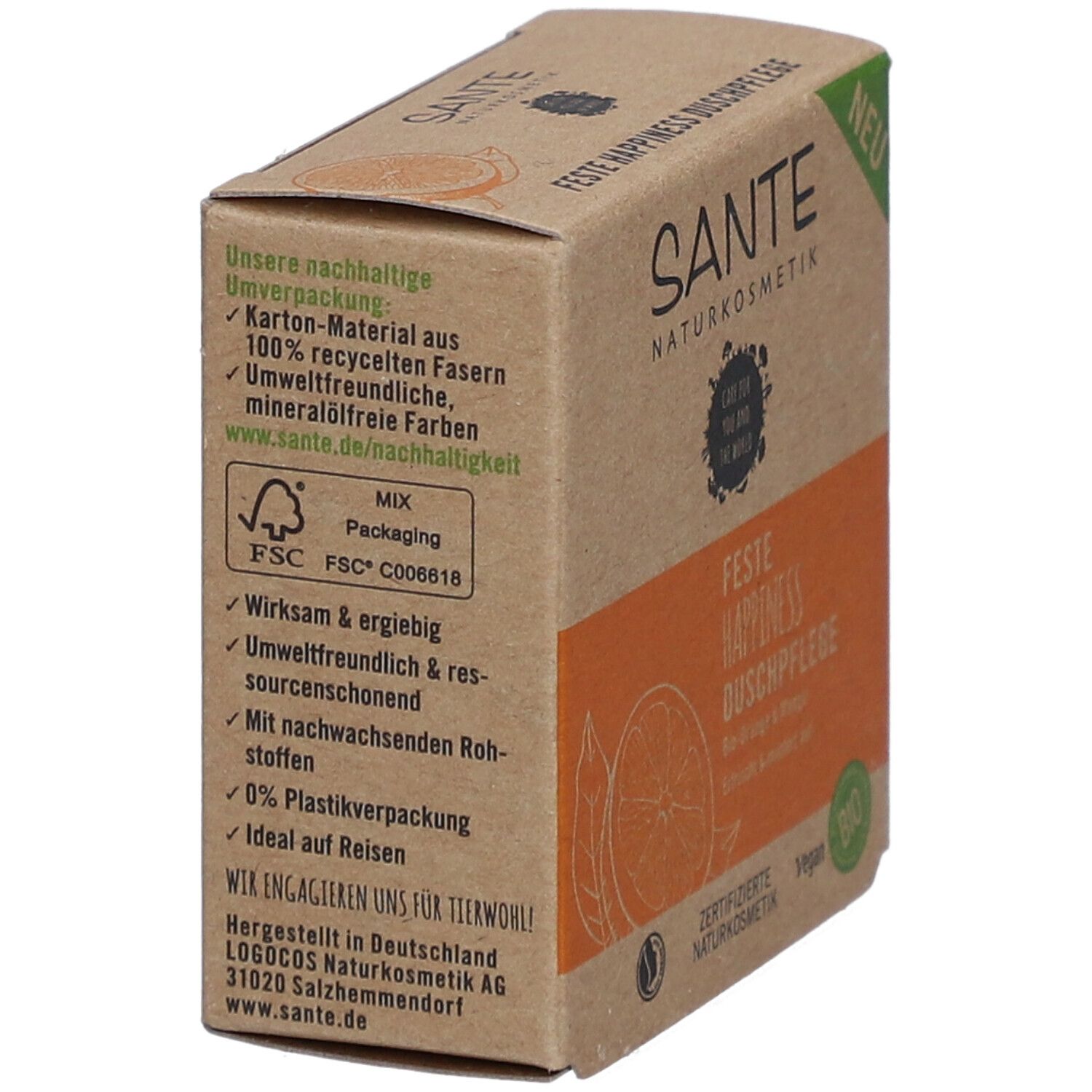 Kartonnen verpakking met tekst. Duurzame verpakking, FSC-label, tekst over ingrediënten en duurzaamheid. Productnaam zichtbaar.