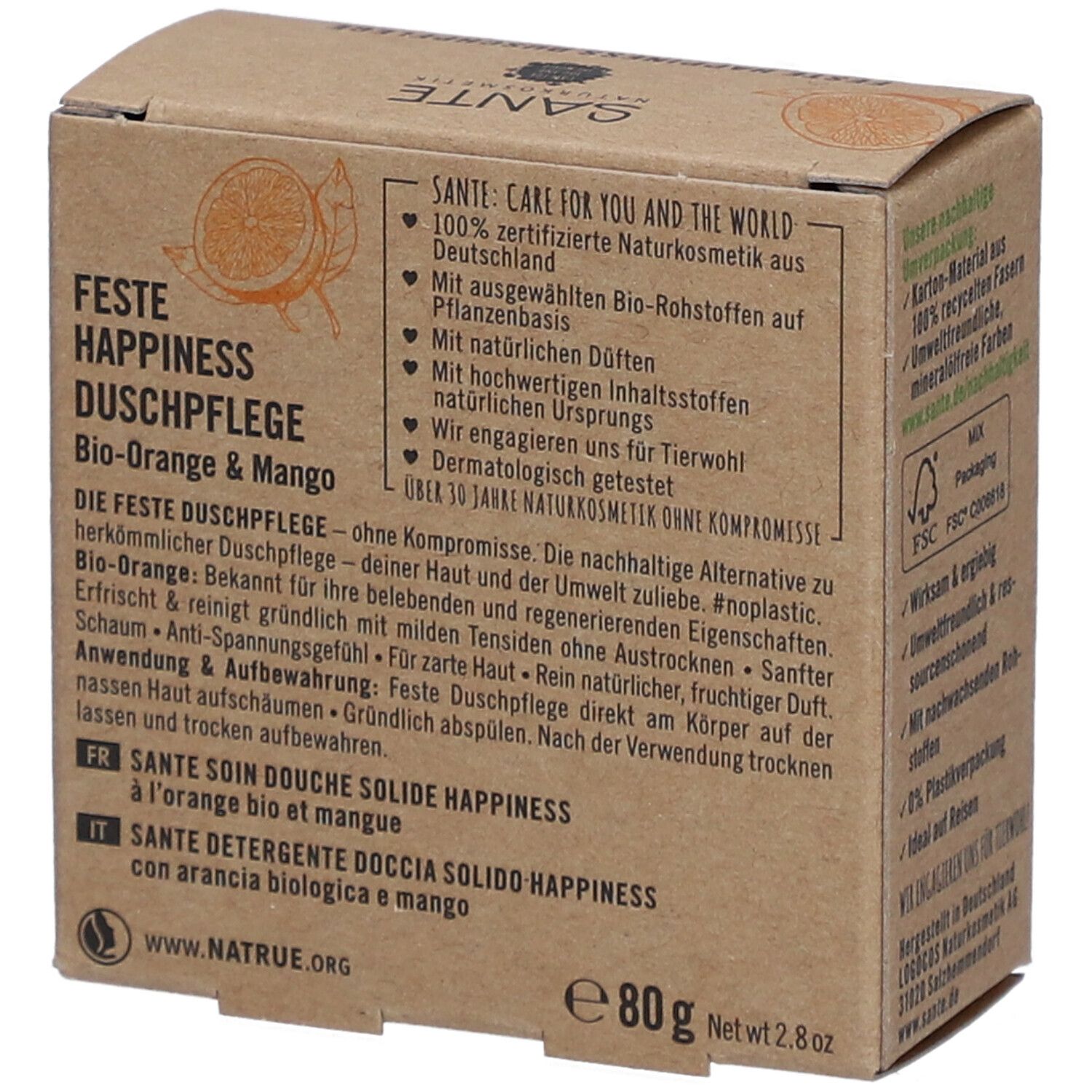Achterkant van de kartonnen verpakking. Tekst over ingrediënten, gebruik en duurzaamheid. Productnaam en logo zichtbaar.
