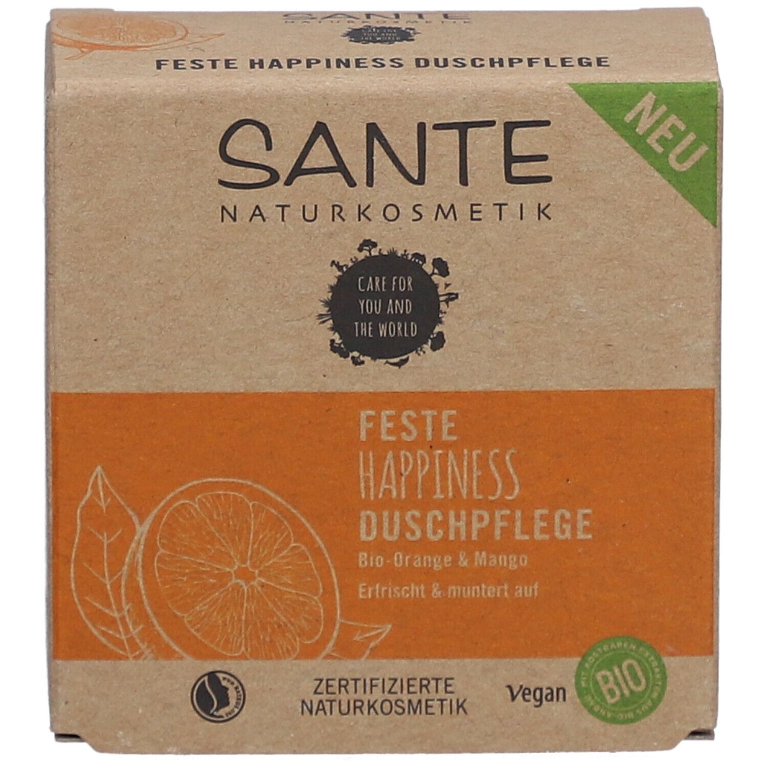 Kartonnen verpakking met productinformatie. Oranje vlak met productnaam en Bio-Orange & Mango. Vegan- en Bio-keurmerk.